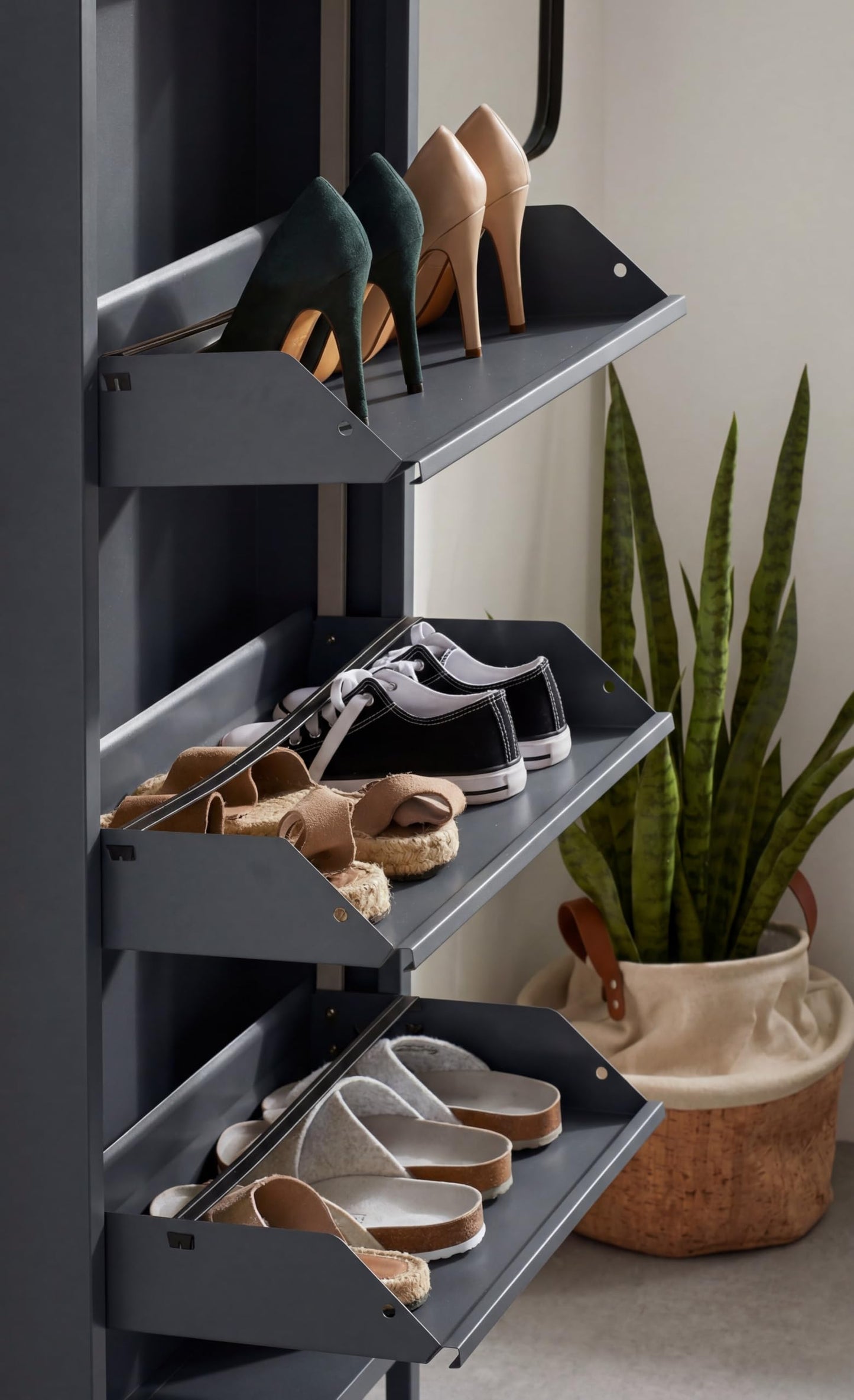 formood 3 Tier Metal Shoe Cabinet – Slim 15cm Wall Mounted Storage Cupboard with Pulldown Doors, Holds 6–9 Pairs