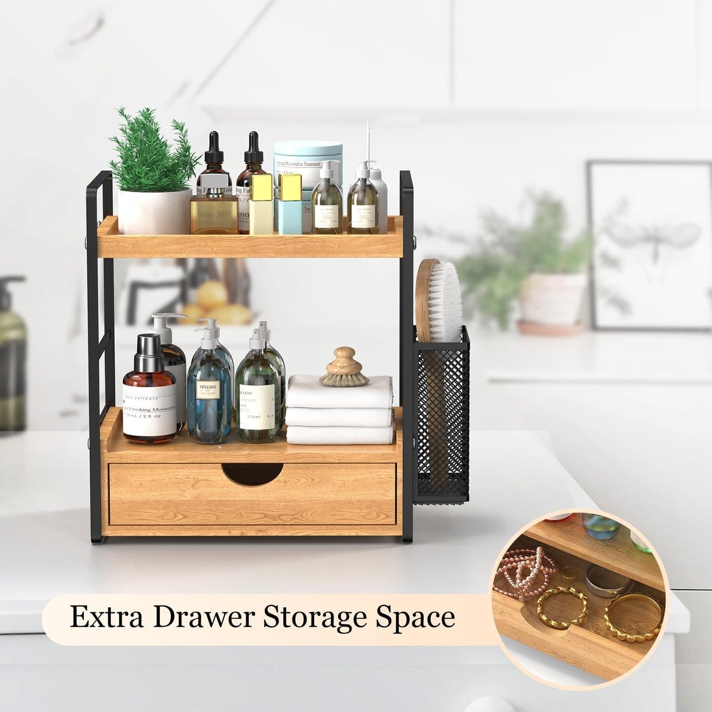 LEMIKKLE Skincare Perfume Organiser for Vanity, Bathroom Organiser Countertop, coffee station,Spice Rack 2-Tier Wood kitchen storage And organisation