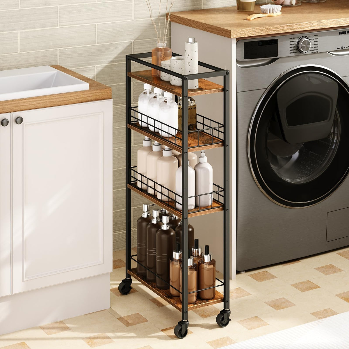 HOOBRO 4-Tier Slim Kitchen Storage Cart, Narrow Rolling Cart for Small Space, Versatile Serving Trolley on Wheels, for Kitchen, Dining Room