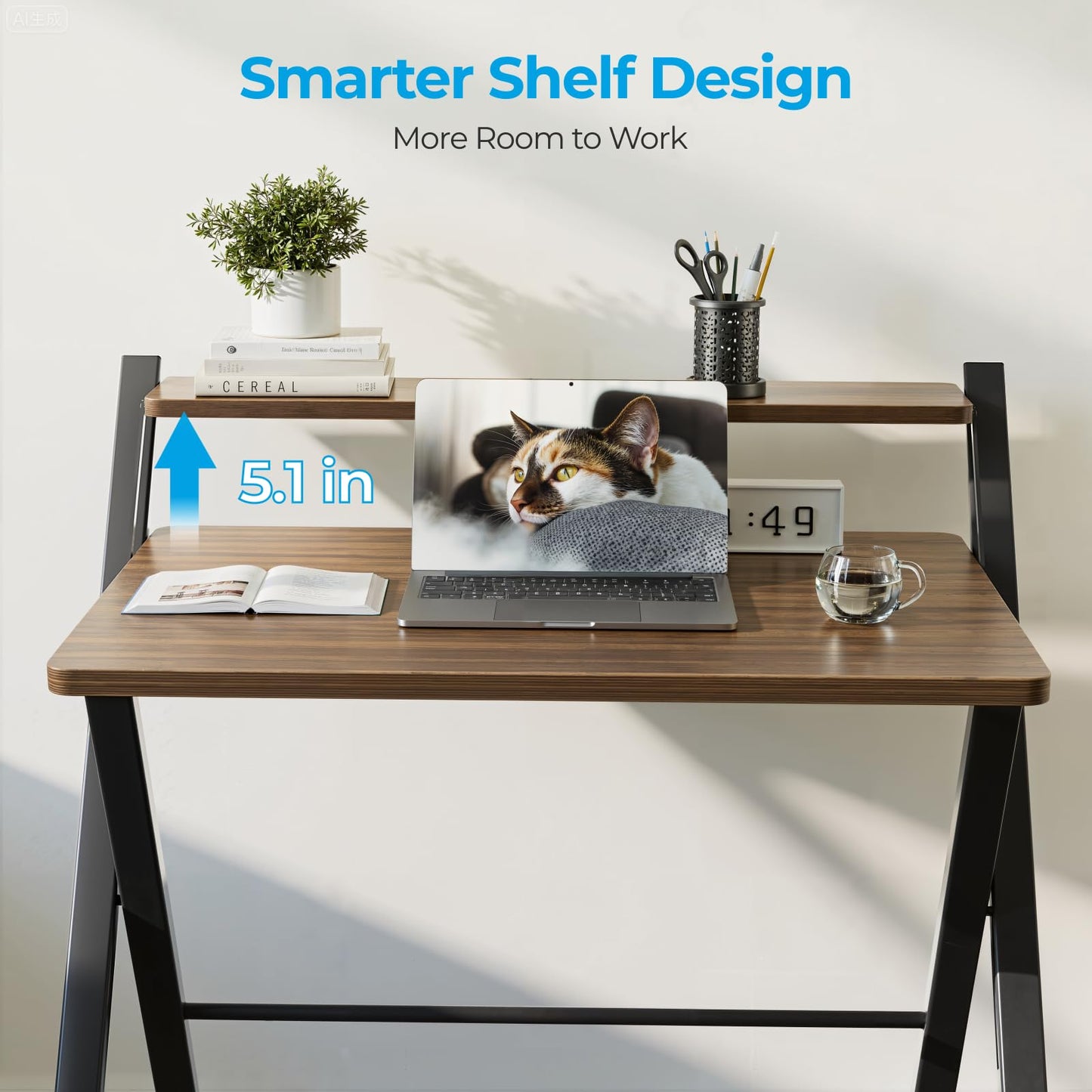 GreenForest No Assembly Required Folding Desk with Monitor Shelf,Espresso