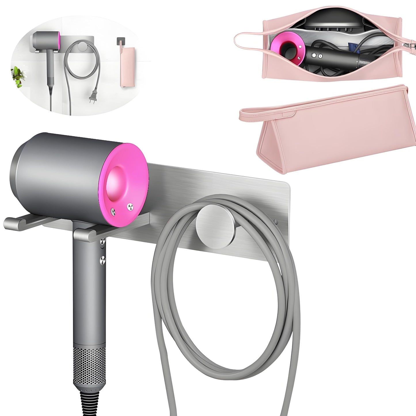 Hair Dryer Holder Wall Mount, Gypie Hair Dryer Stand with Travel Hair Dryer Bag, Hairdryer Storage with Cable Tidy Rack for Dressing Table Bathroom