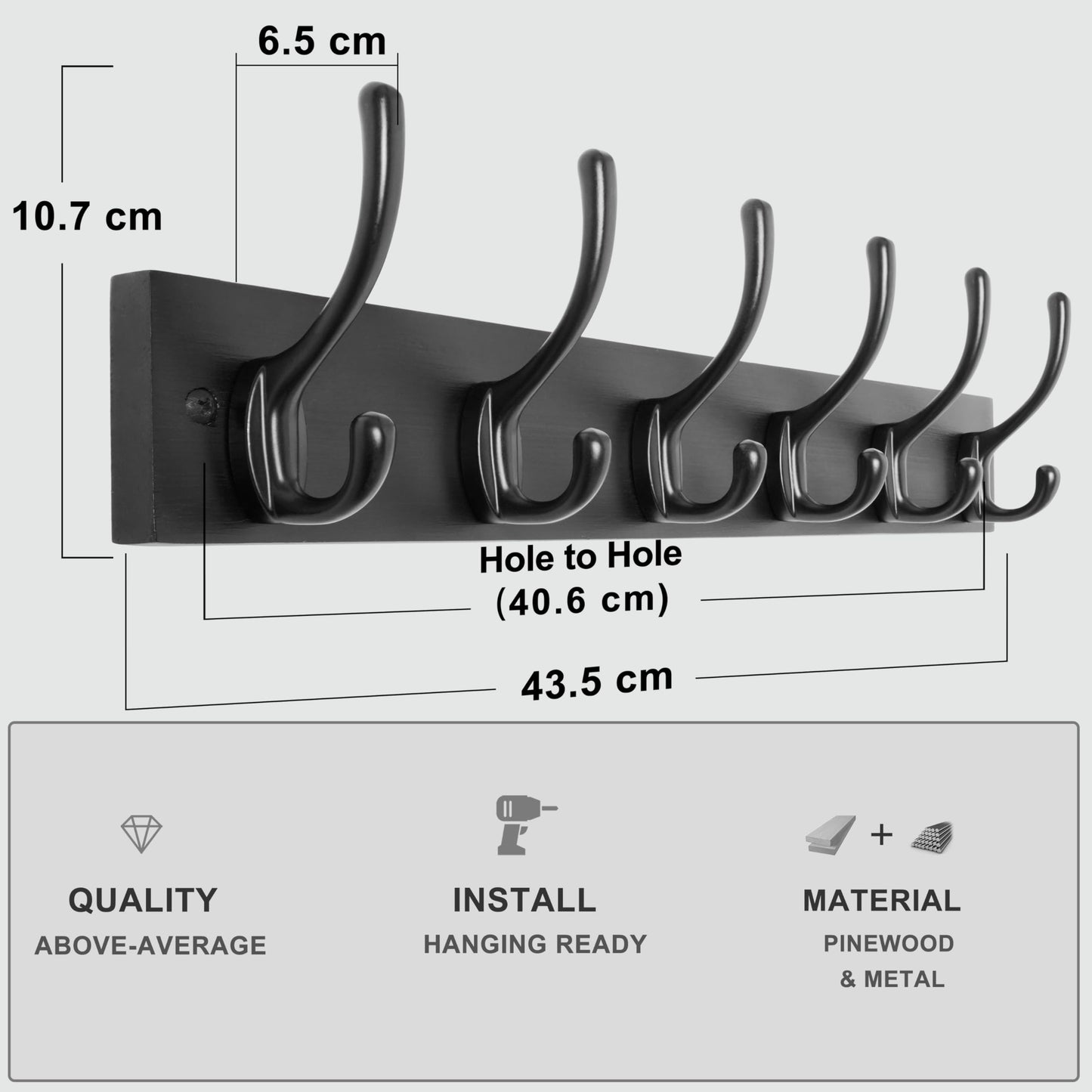 HONSKY Wall Coat Rack,Wooden Wall Coat Hook,6 Double Hooks,44cm,Coat and Towel Hanger Storage for Entryway, Bathroom, Bedroom