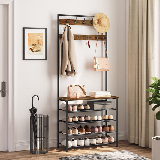 HOOBRO Coat Stand, Coat Rack with Shoe Storage, Free Standing Hall Tree with 9 Hooks, Shoe and Coat Rack for Hallway, Entryway, Metal Frame, Sturdy,