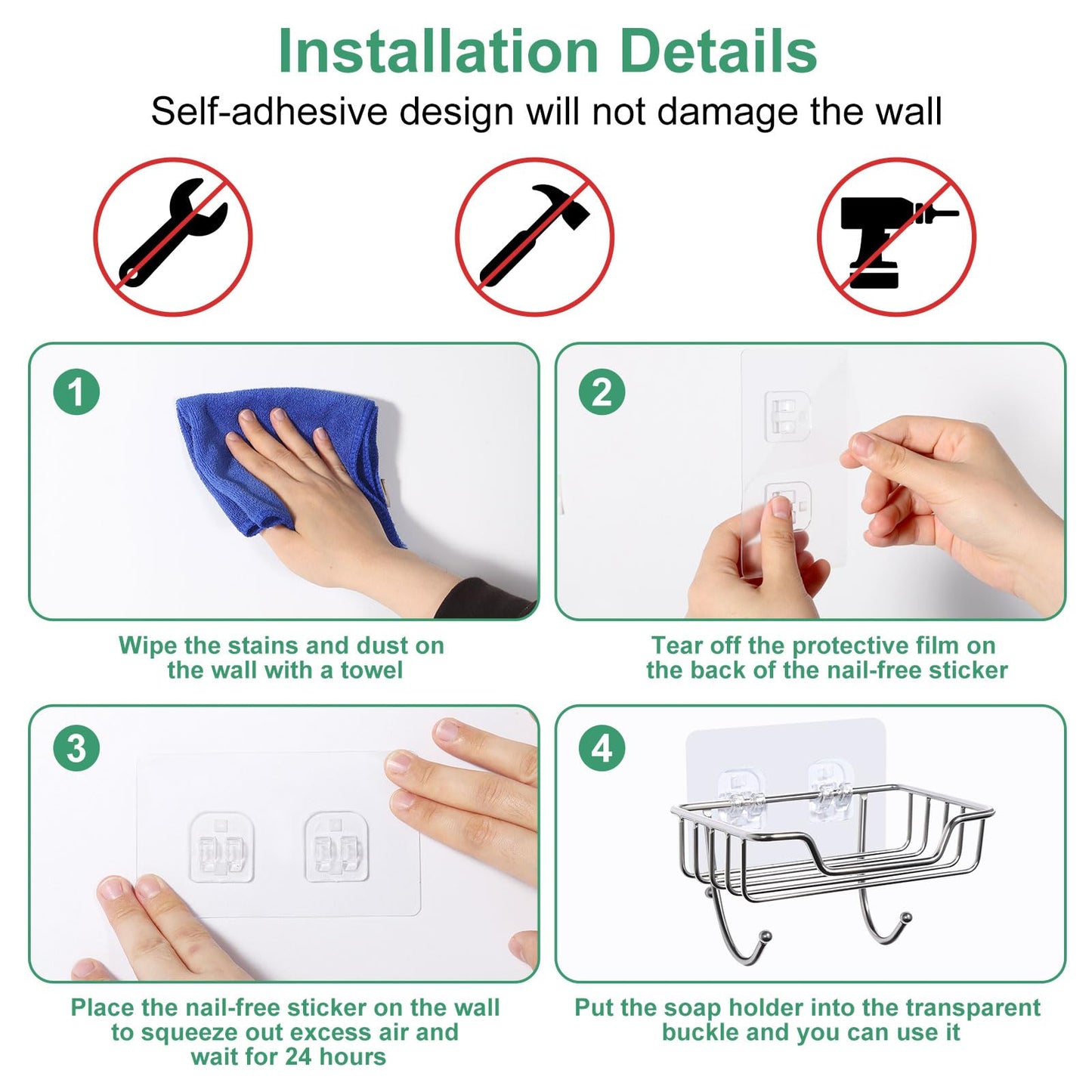 Uten 2 Pcs Strong Self Adhesive Soap Dish, Stainless Steel Soap Holder with Hook No Drilling, Wall Mounted Soap Tray for Shower Bathroom Kitchen