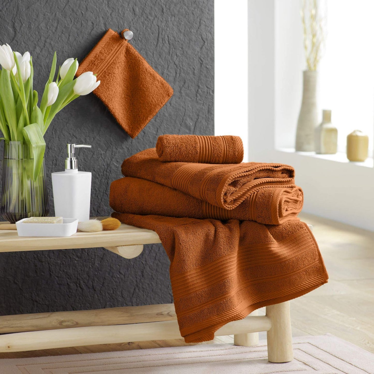 Douceur d'Intérieur, 2 x Washcloths (15 x 21 cm) Tendresse Caramel, 100% Cotton Terry Cloth