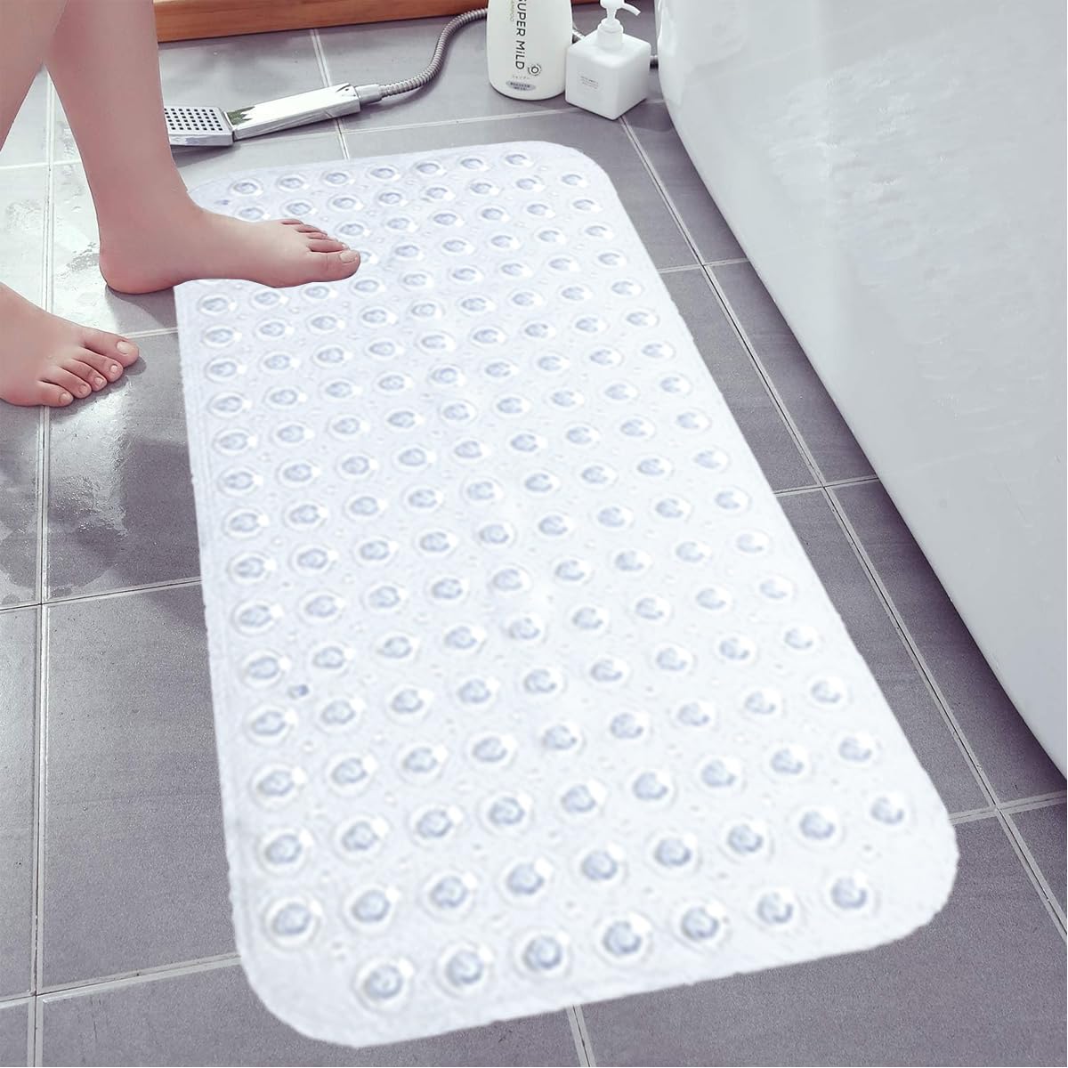 Bathroom Mat - Soft PVC Non Slip Shower Mat Non Slip Anti Mould Strong Grip with Suction Cups & Drain Holes - Antibacterial Easy Drying Mat (40 x 100
