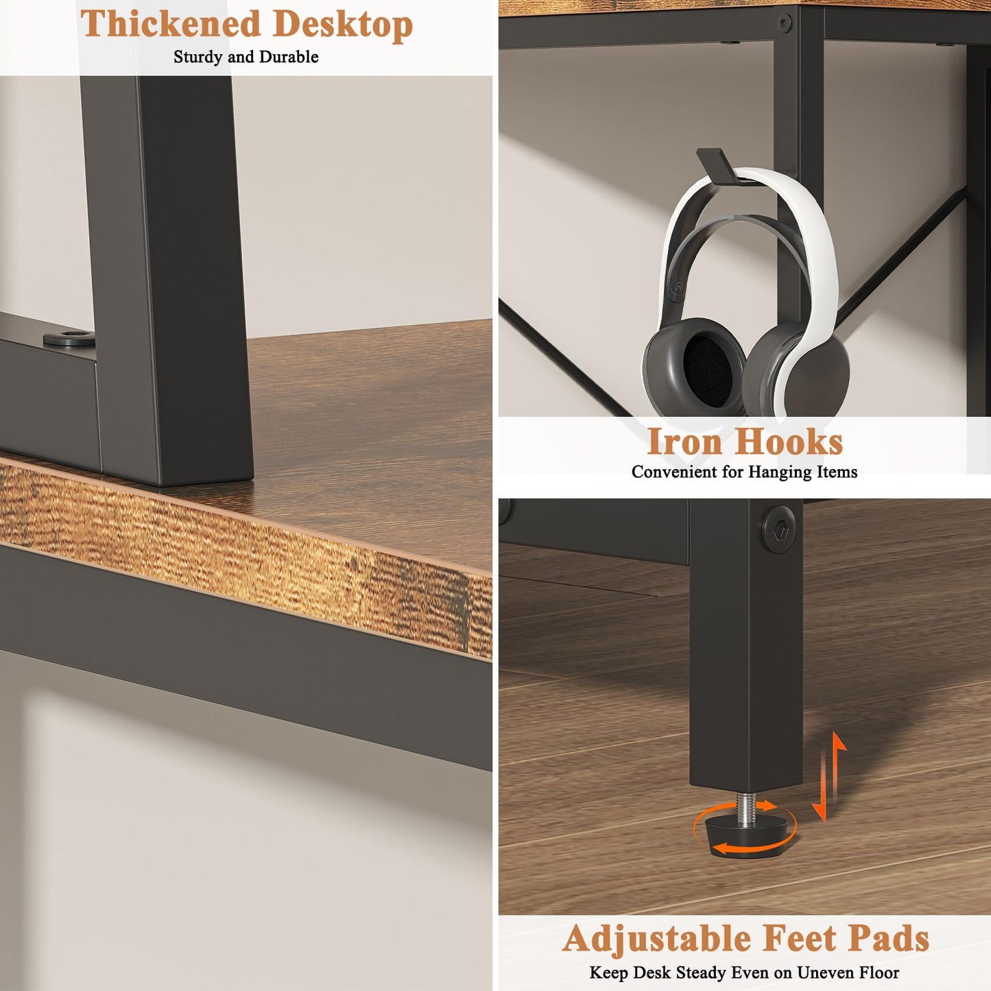 Feonase Industrial-Style Computer Desk with 3-Tier Wall-Mounted Shelf & 3 Fabric Drawers – MDF Desktop for Home Office, Study & Organization