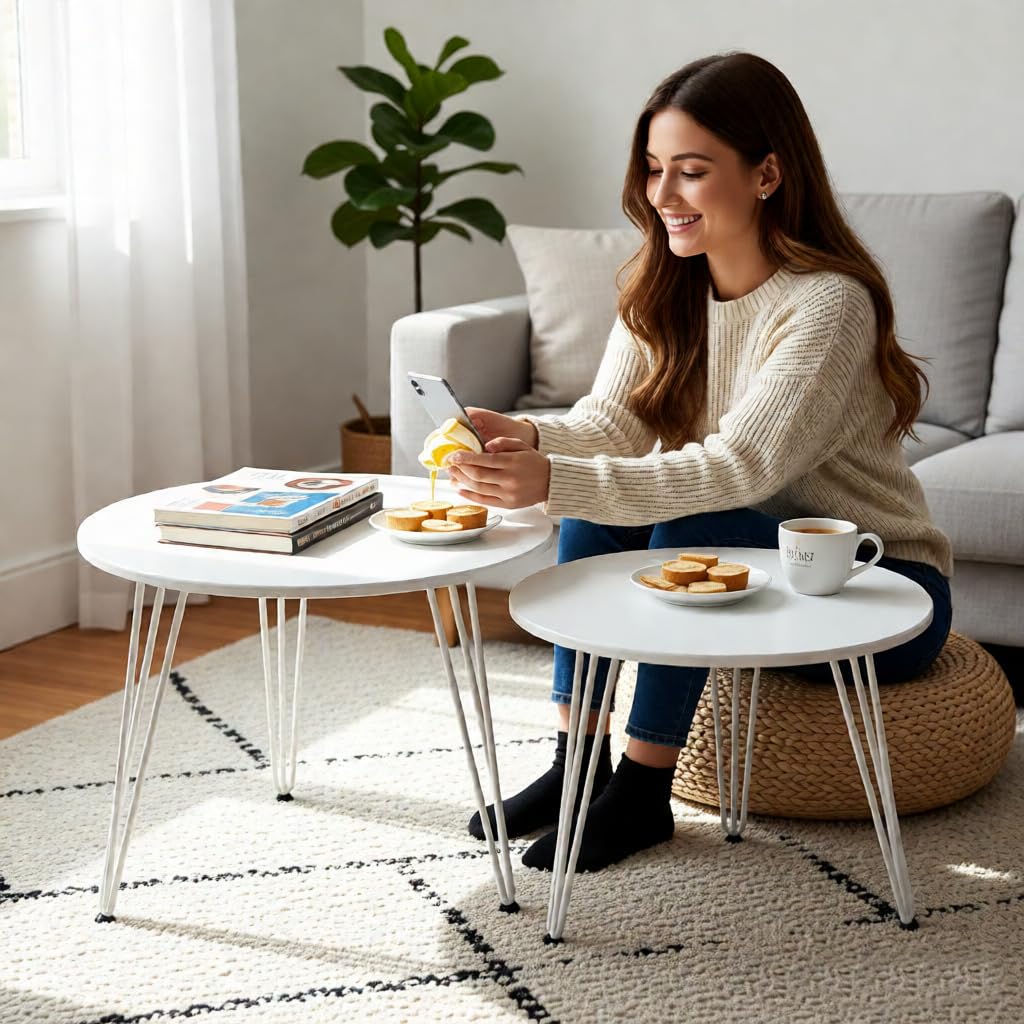 ZOYIZEN Round Coffee Table Set of 2, Φ 50 cm and Φ 40 cm, White