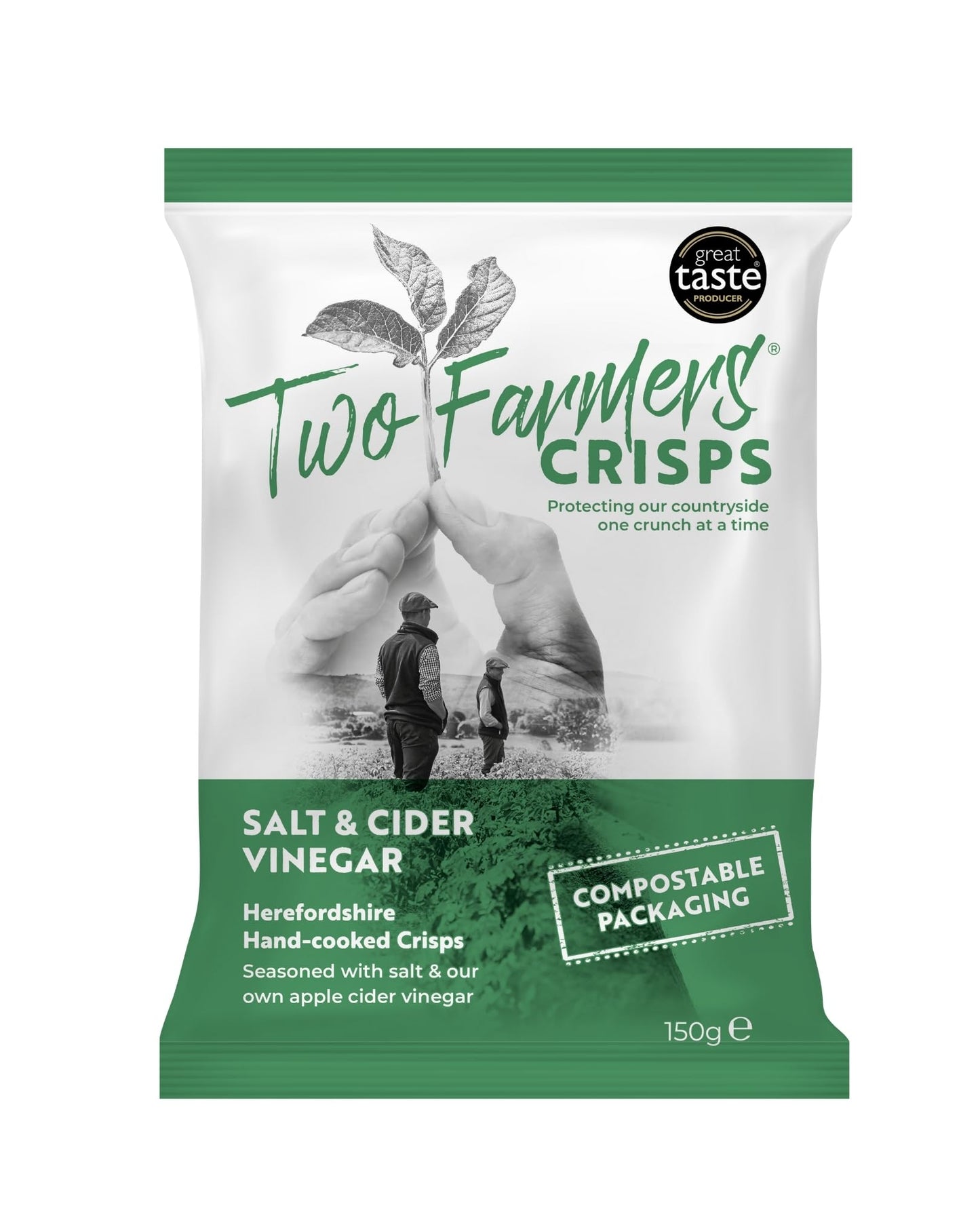 Two Farmers Crisps, Salt & Cider Vinegar Hand Cooked Crisps, Vegan and Vegetarian, Gluten Free, 100% Compostable Bags, 12 x 150g