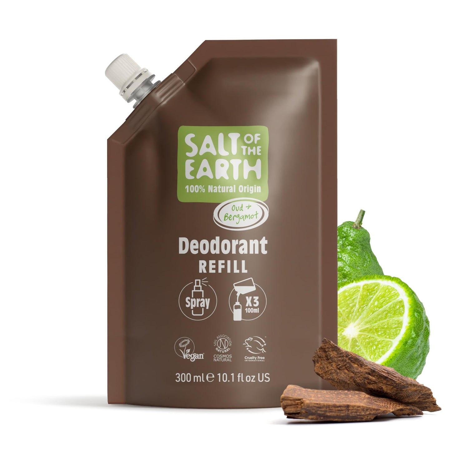 Salt of the Earth - Natural Deodorant Spray Refill Pouch, x3 Uses - Oud & Bergamot - Vegan, Long Lasting Protection, Leaping Bunny Approved, Made in