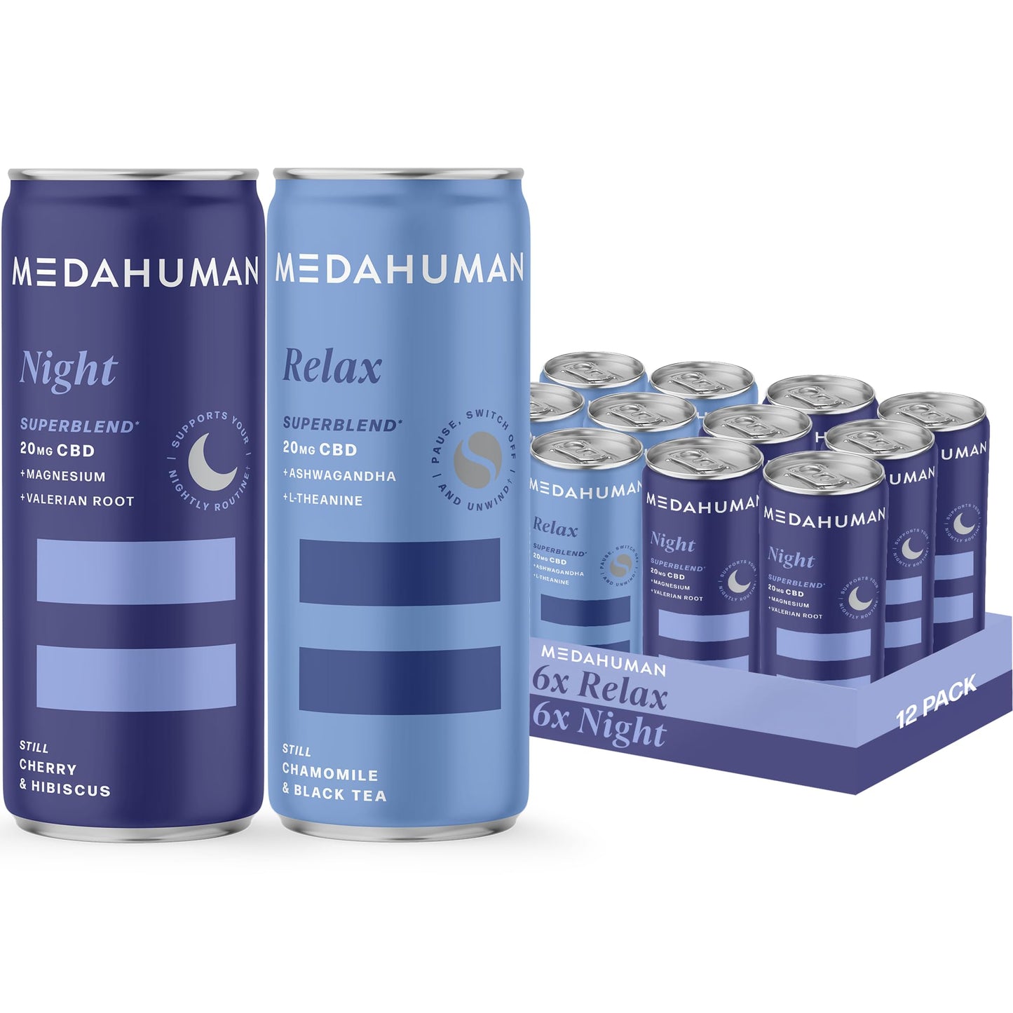 MEDAHUMAN CBD Still Drink Mixed Pack ? Night (Sour Cherry & Hibiscus) & Relax (Chamomile & Black Tea) with Ashwagandha, Valerian Root, L-Theanine,