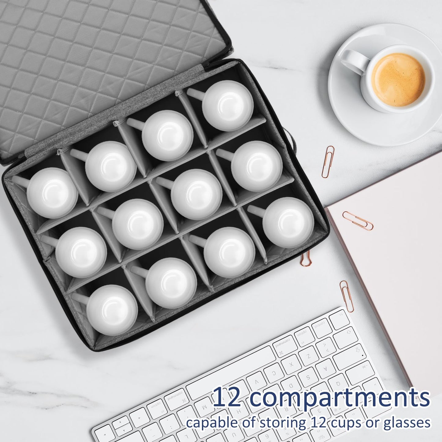 GWCYMYD Cup and Mug Storage Box with Dividers, Foldable Tea Cup Storage Box with Handles and Zipper Lid, Holds 12 Glassware Cups for Moving, Packing