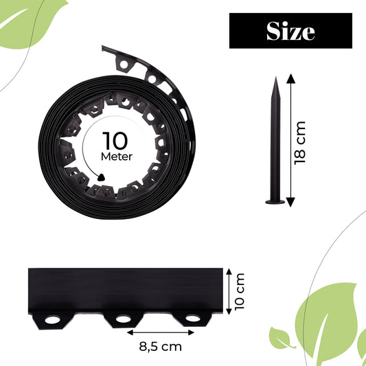 GARDENIX Flexible Plastic Lawn Edging, Weather-Resistant Lawn Edging, Flower Bed Edging, Round, Flower Bed Border, Black, 10 m, 20 Ground Anchors, 10