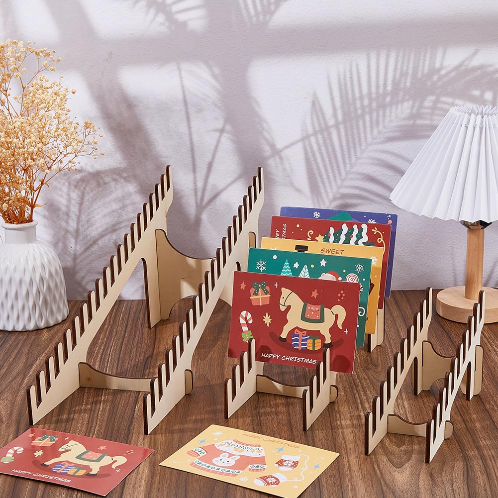 DICOSMETIC 3 Sets 3 Sizes Wood Card Display Stands Greeting Card Display Stand Rectangle Postcards Rack Beige Portable Cards Holder Tabletop Photo