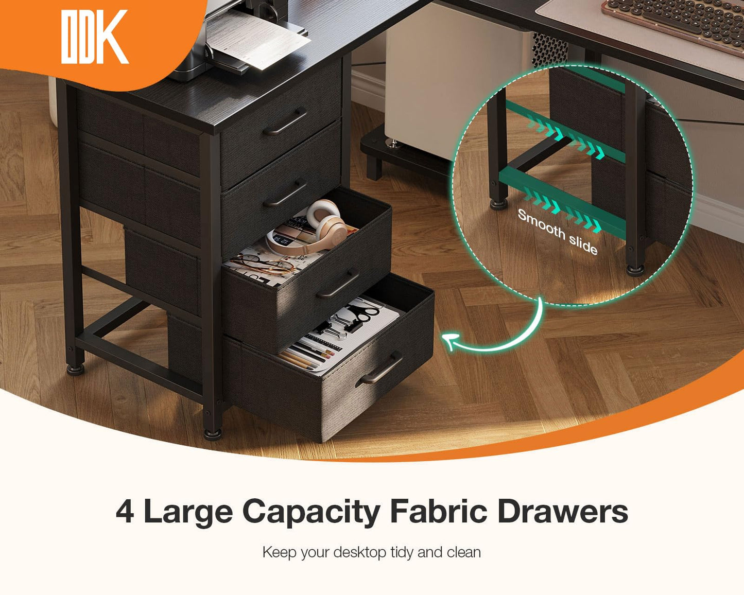 ODK Corner Desk with Drawers, L Shaped Computer Desk, 135 x 100 cm, Black