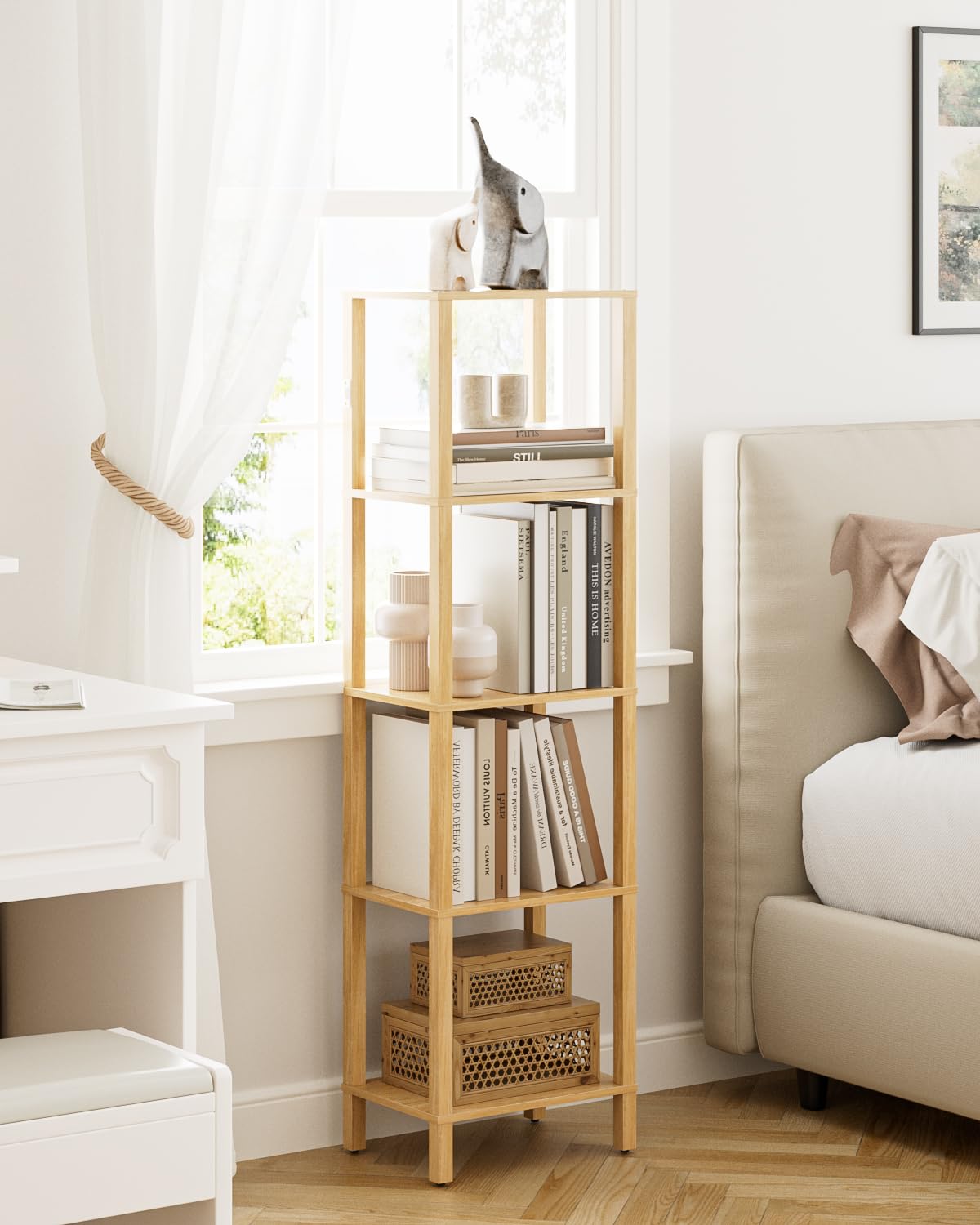 Apetaccat Book Shelf, 5 Tier Tall Bookshelf, Narrow Bookcase with Open Shelves, 38 x 27 x 136CM, Book Shelves for Living Room, Office, Study, Oak