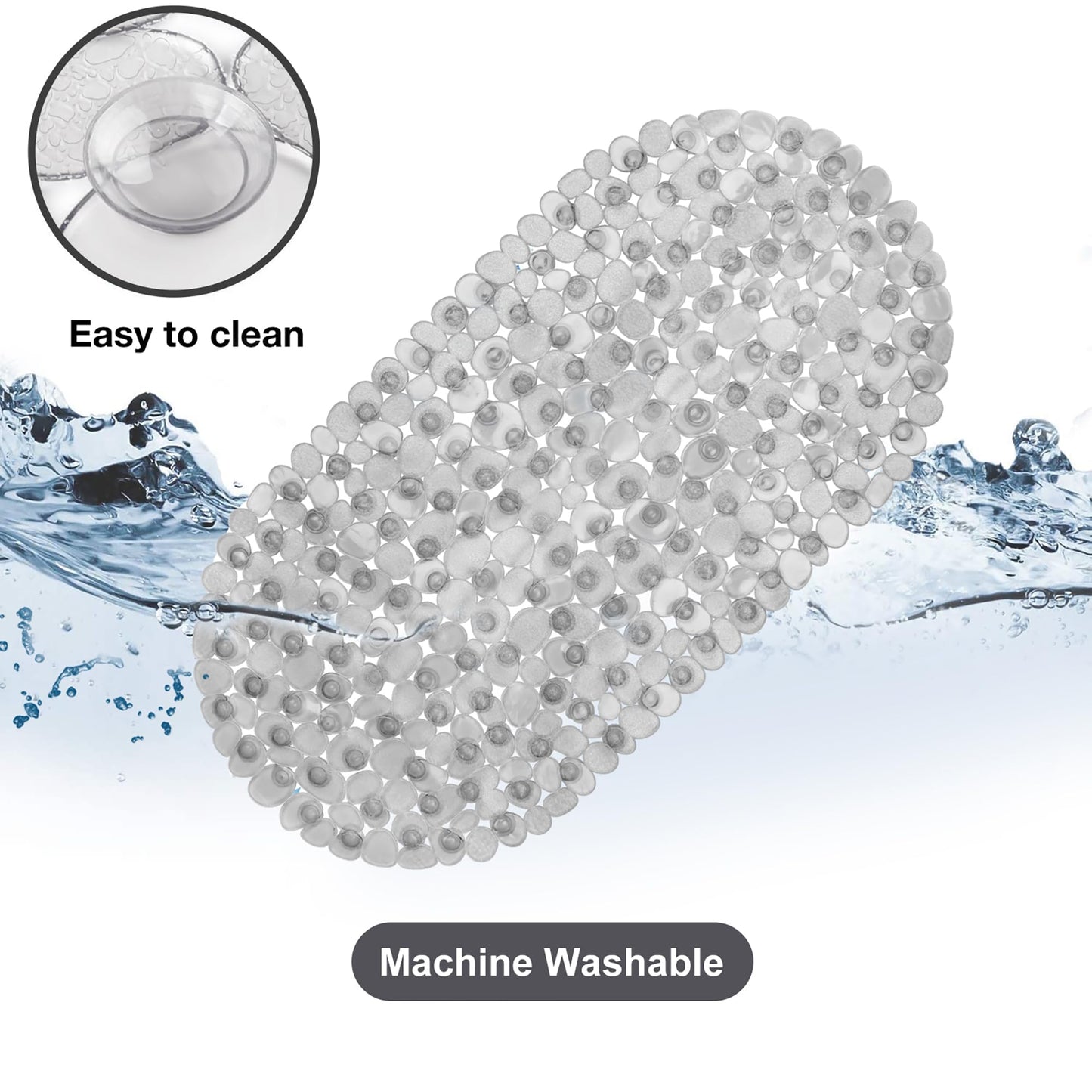 WELTRXE Bathtub Mat, Non-slip Shower Mat, PVC Bath Mat with Suction Cups and Drain Holes, Anti-Mould, Safe Oval Pebble Bathroom Tub Mat