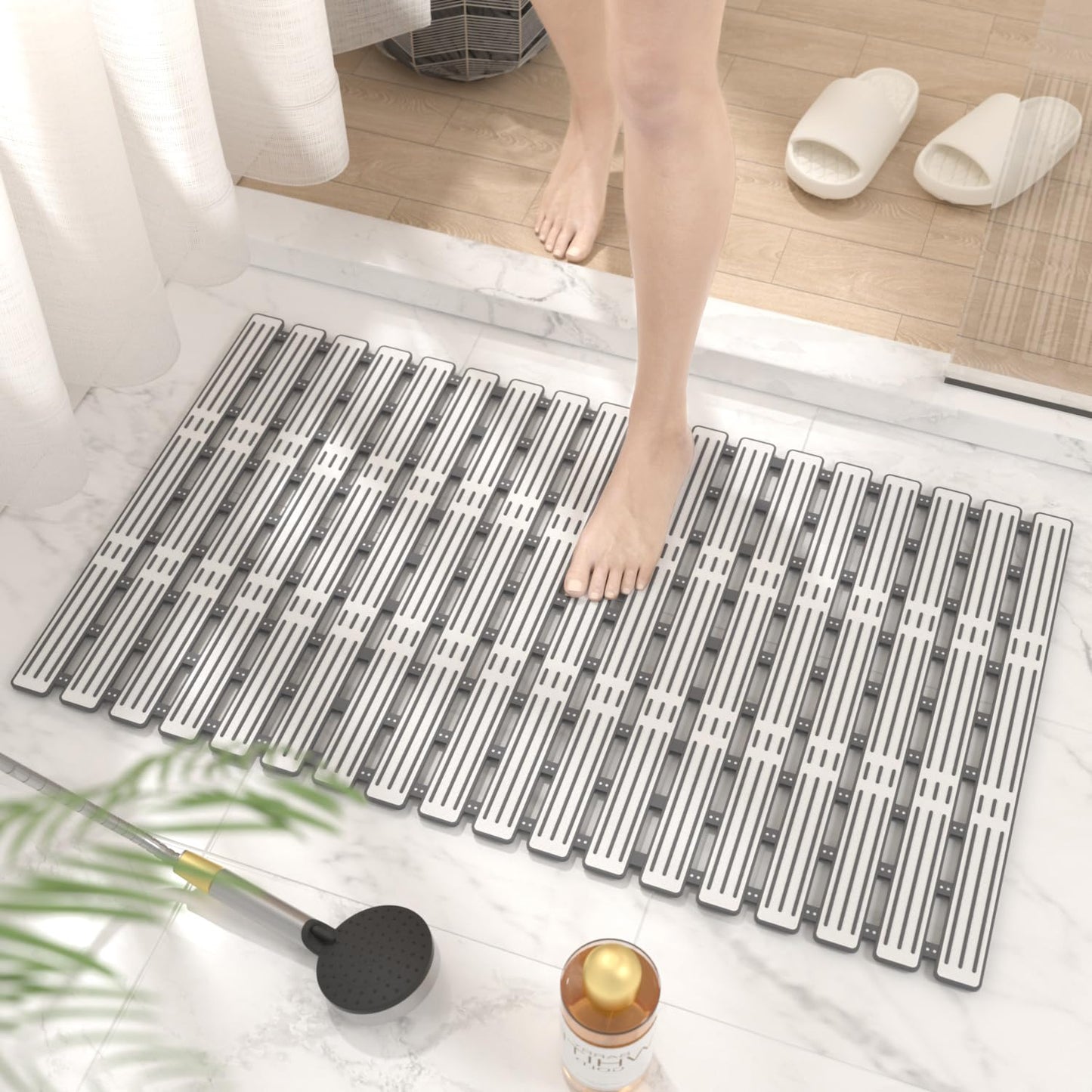 HITSLAM Shower Mat Non Slip Anti Mould, 68x40CM Bath Mat Non Slip for Tub, Quick Drain TPE Bathtub Mat with Suction Cups, Bathroom Accessories, Cut to