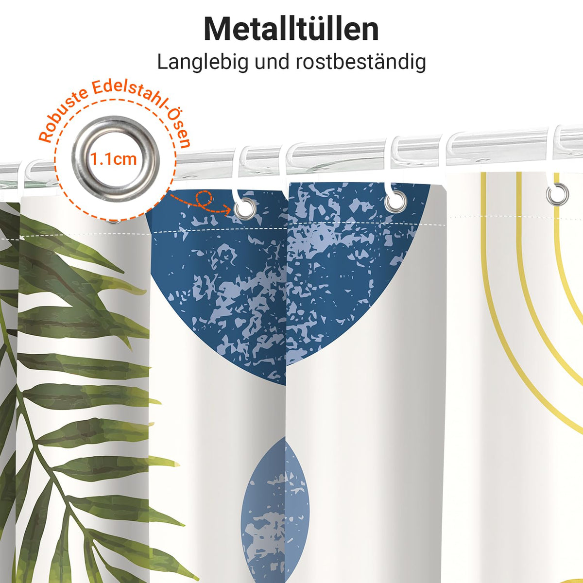 Lerores Shower Curtain, 180 x 180 cm, Blue Leaves Line, Weighted Hem, Anti-Mould Textile, Water-Repellent