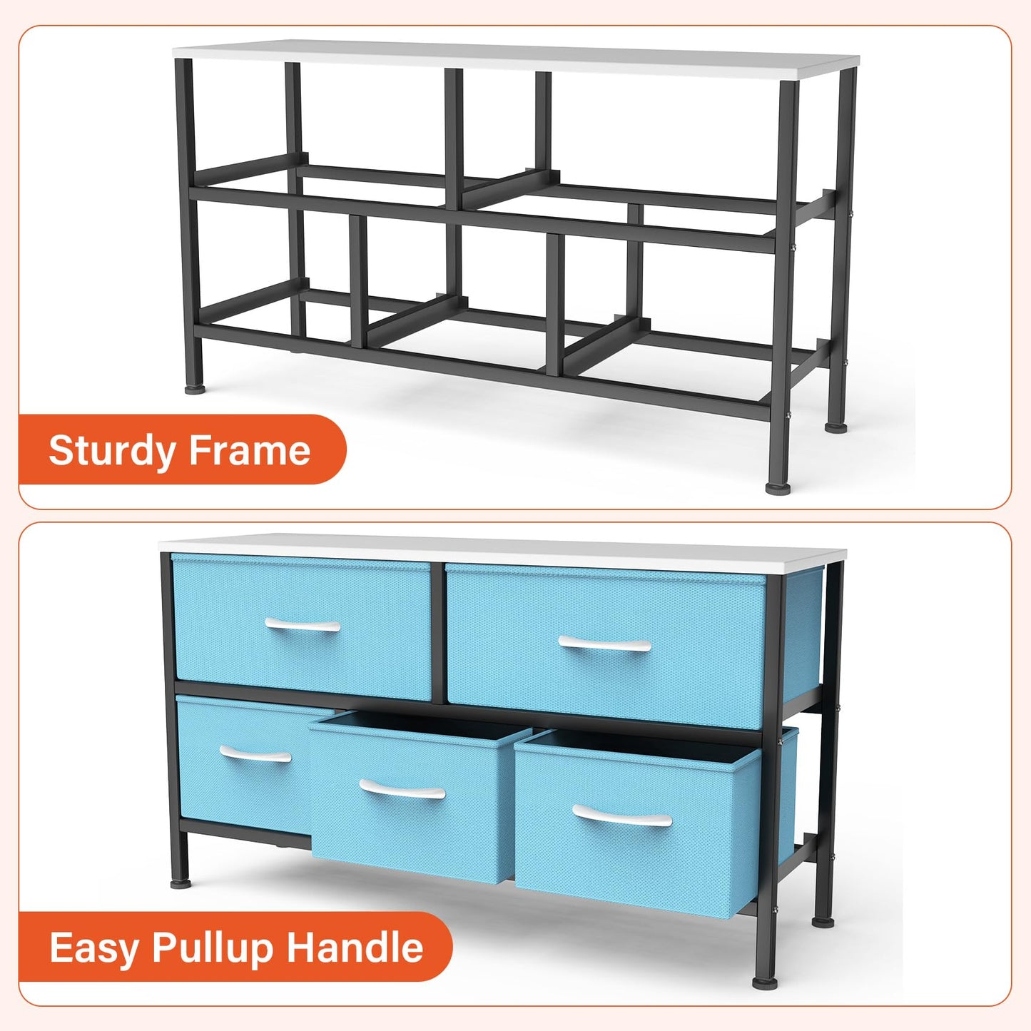 Feonase Bedroom Chest of Drawers, 5 Fabric Drawers Dresser with Metal Frame and MDF Top Board, Modern Storage Unit for Bedroom Living room, Entryway