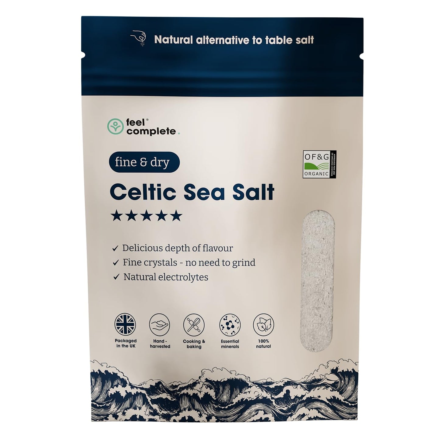 Feel Complete | 800g Fine & Dry Celtic Sea Salt | No Need To Grind | Organic Approved | Essential Minerals & Electrolytes | Natural Alternative To