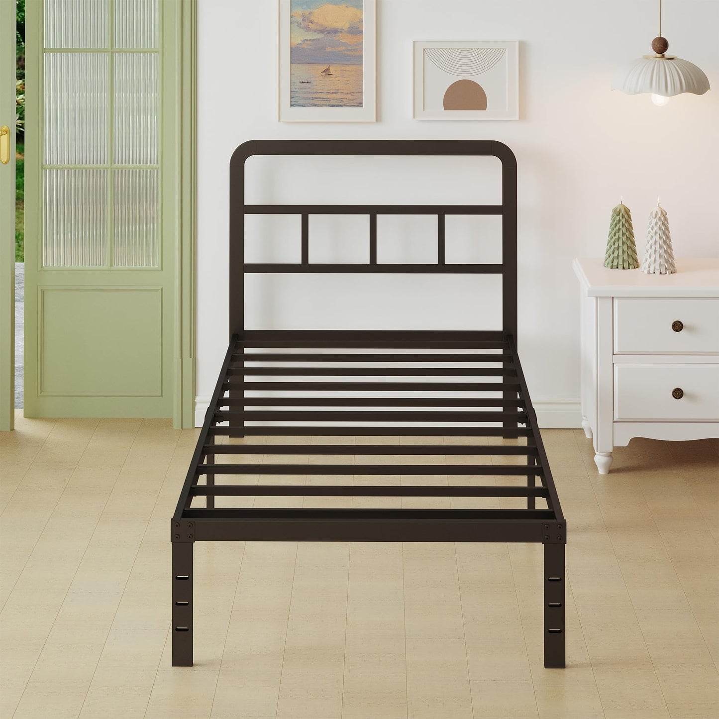 Lutown-Teen 36 cm High European Single Bed Frame 90x200 with Curved Headboard, Heavy Duty Metal Bed Frames Single 3ft with Steel Slats, Storage Space