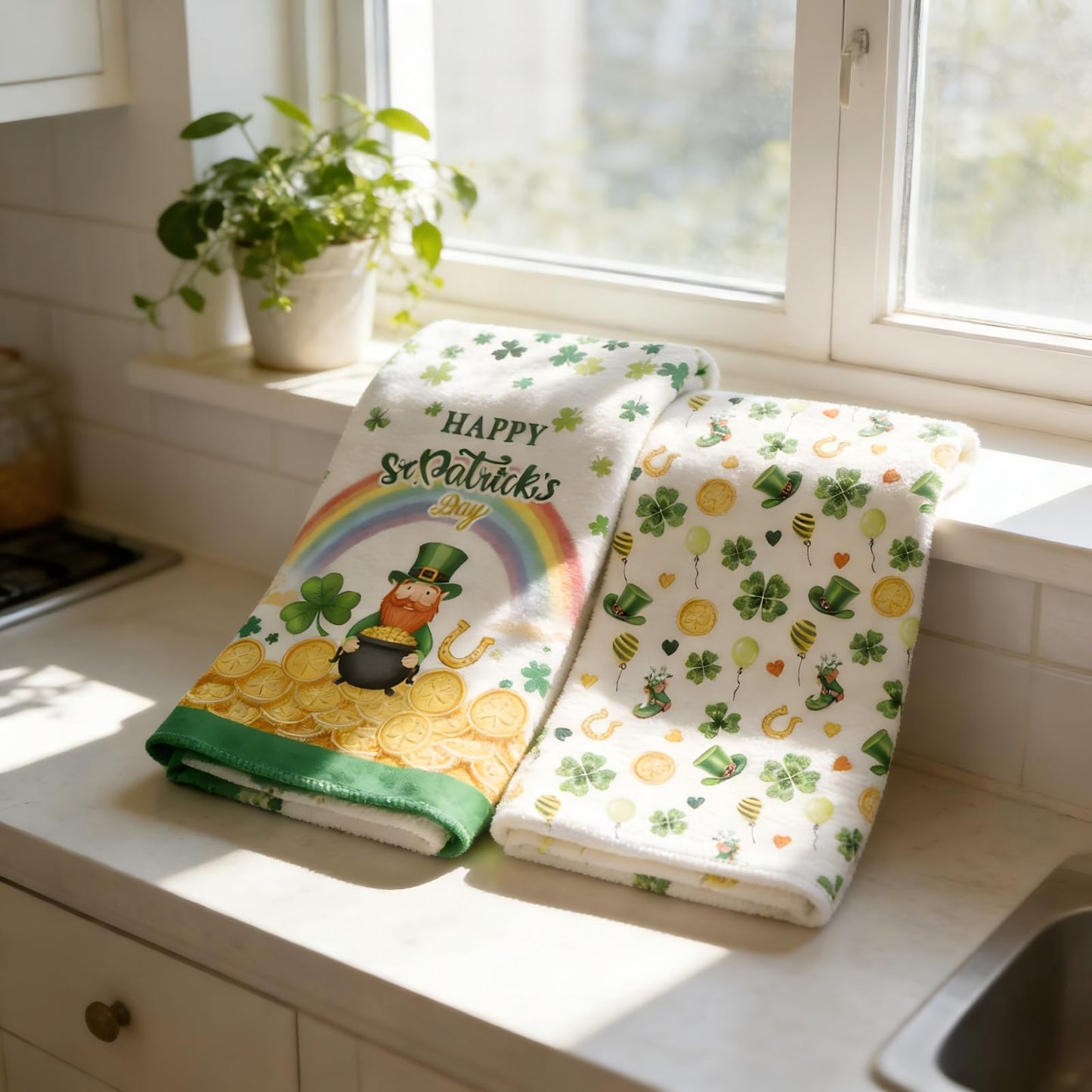 Kaiperala 2pcs St Patricks Day Tea Towels for Kitchen, Irish Green Kitchen Towels Shamrock Four Leaf Clover Print Hand Towel Absorbent Microfiber