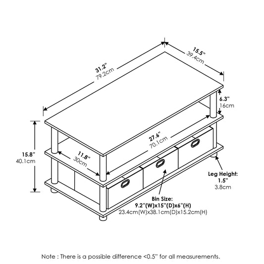 Furinno Frans Turn-N-Tube Coffee Table with Bin Drawers, French Oak Grey/Black/Black, 79.2 (W) x 40.1 (H) x 39.4 (D) cm