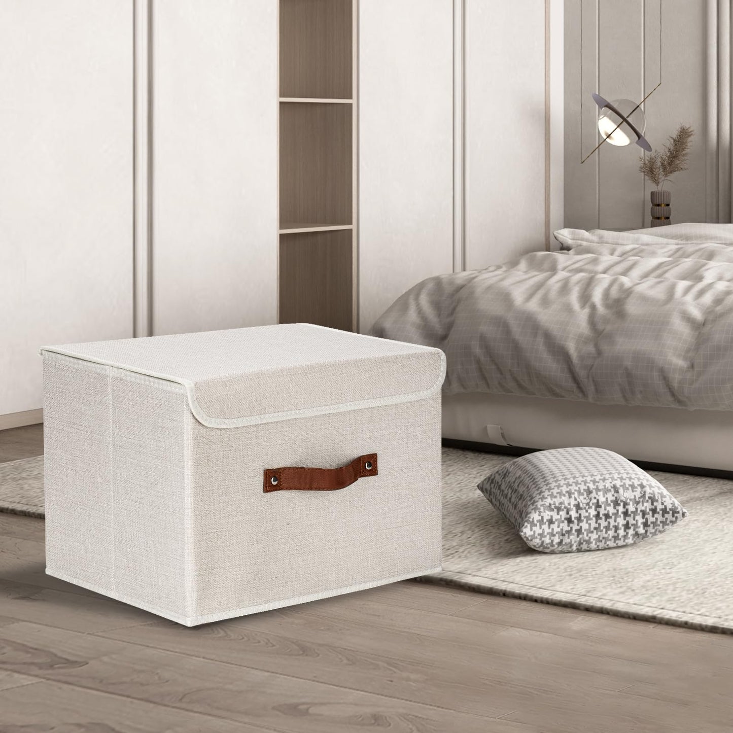 TYEERS Collapsible Storage Box with Lid, Fabric Storage Box for Clothes, Wardrobe Storage, 38x25x25 cm, Set of 2, Beige