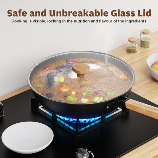 Jobin Wok with Lid Non Stick 30cm Carbon Steel Wok for Everyday Cooking Frying Pan Ideal for 3-5 People for Induction, Gas, All Hobs