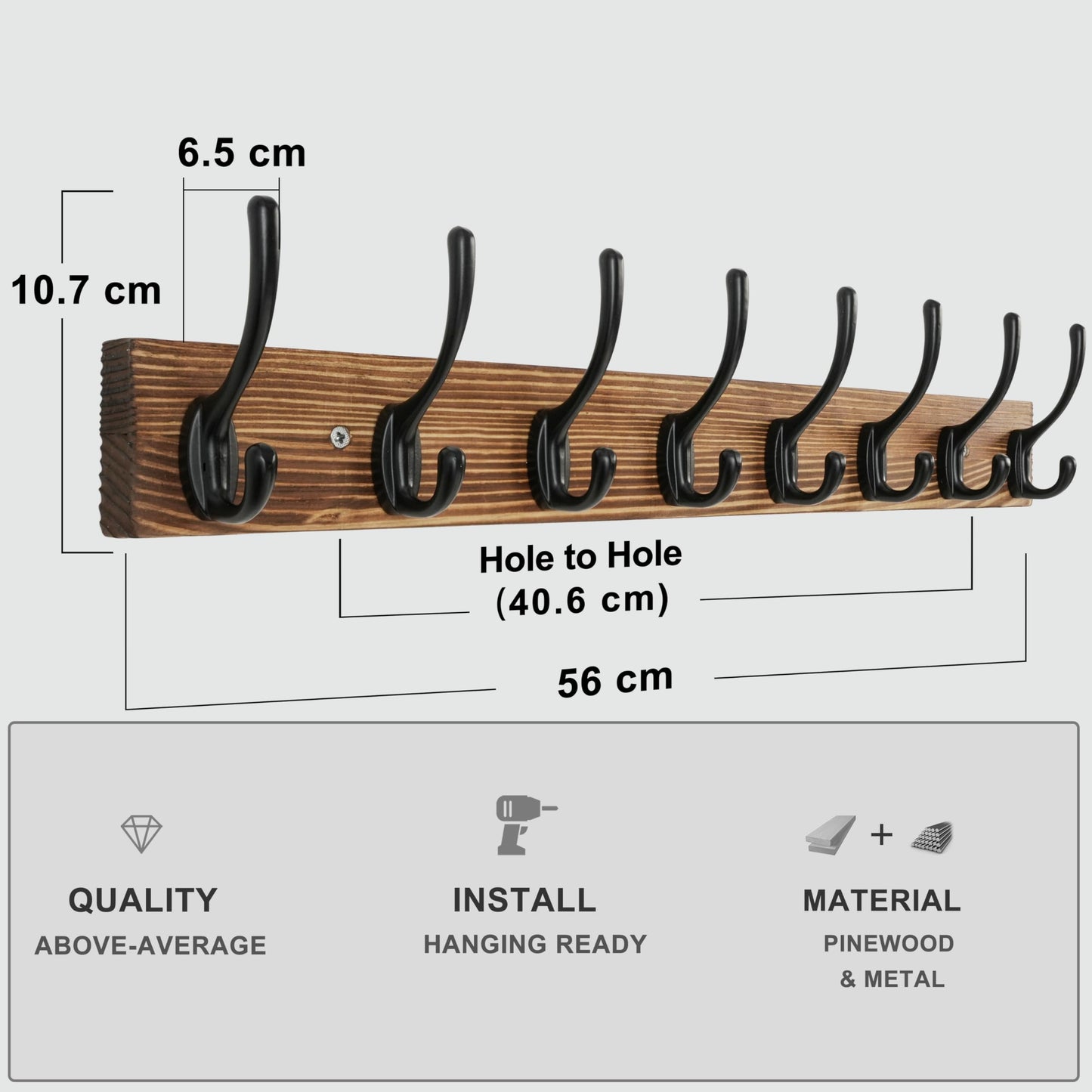 HONSKY Wall Coat Rack with 8 Double Hooks,Wooden Coat and Towel Hanger Storage for Entryway, Bathroom, Bedroom, Garage,Brown Base/Black Hook