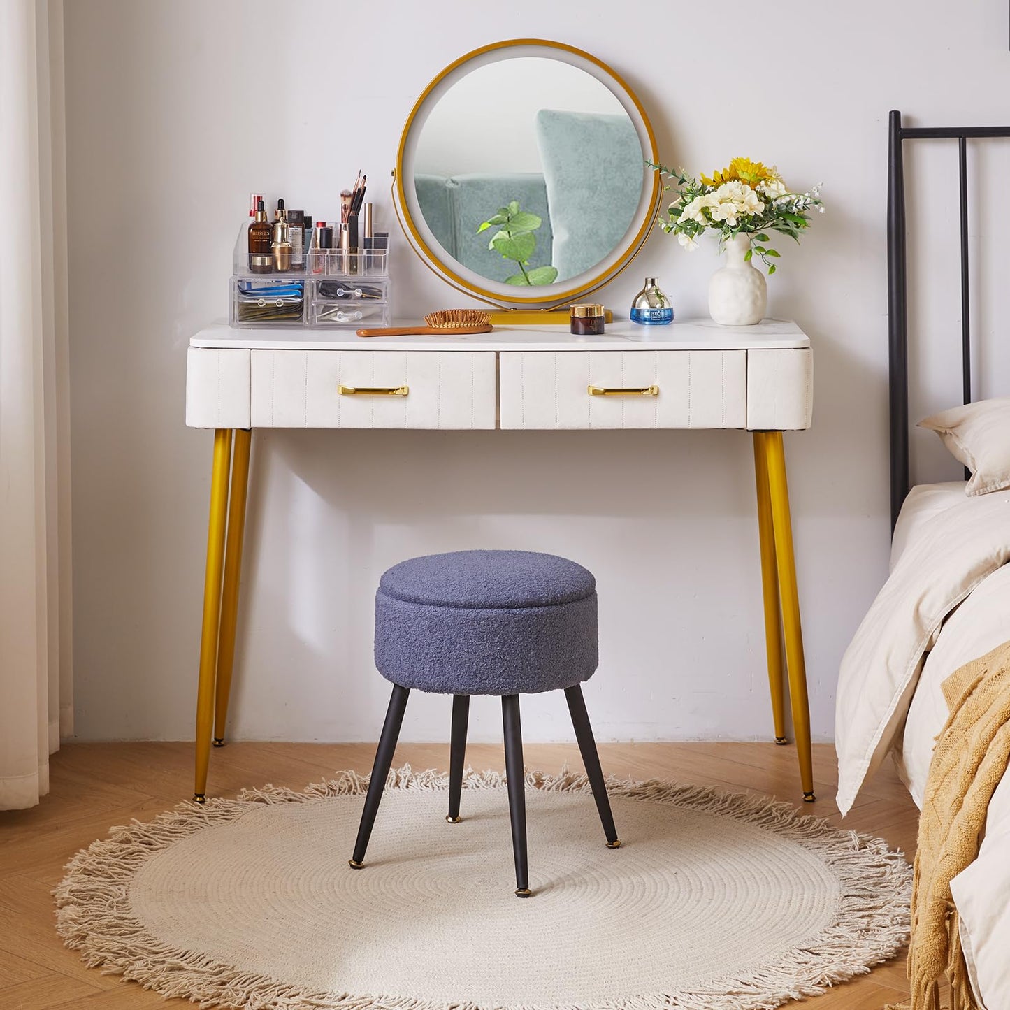 Aibiju Dressing Table Stool with Storage Space, Round Footrest Stool Ottoman, Vanity Dressing Table Chair with 4 Metal Legs for Home Living Room