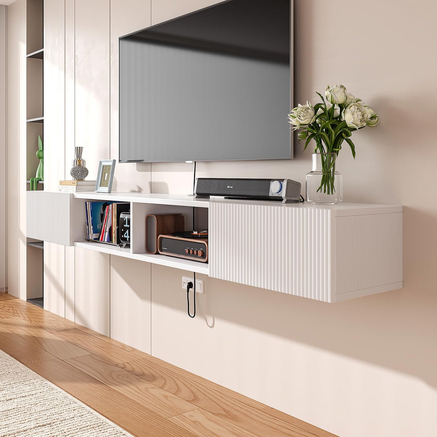 FloatiCasa 180cm White Plywood Floating TV Stand, Fluted Doors & Cabinets