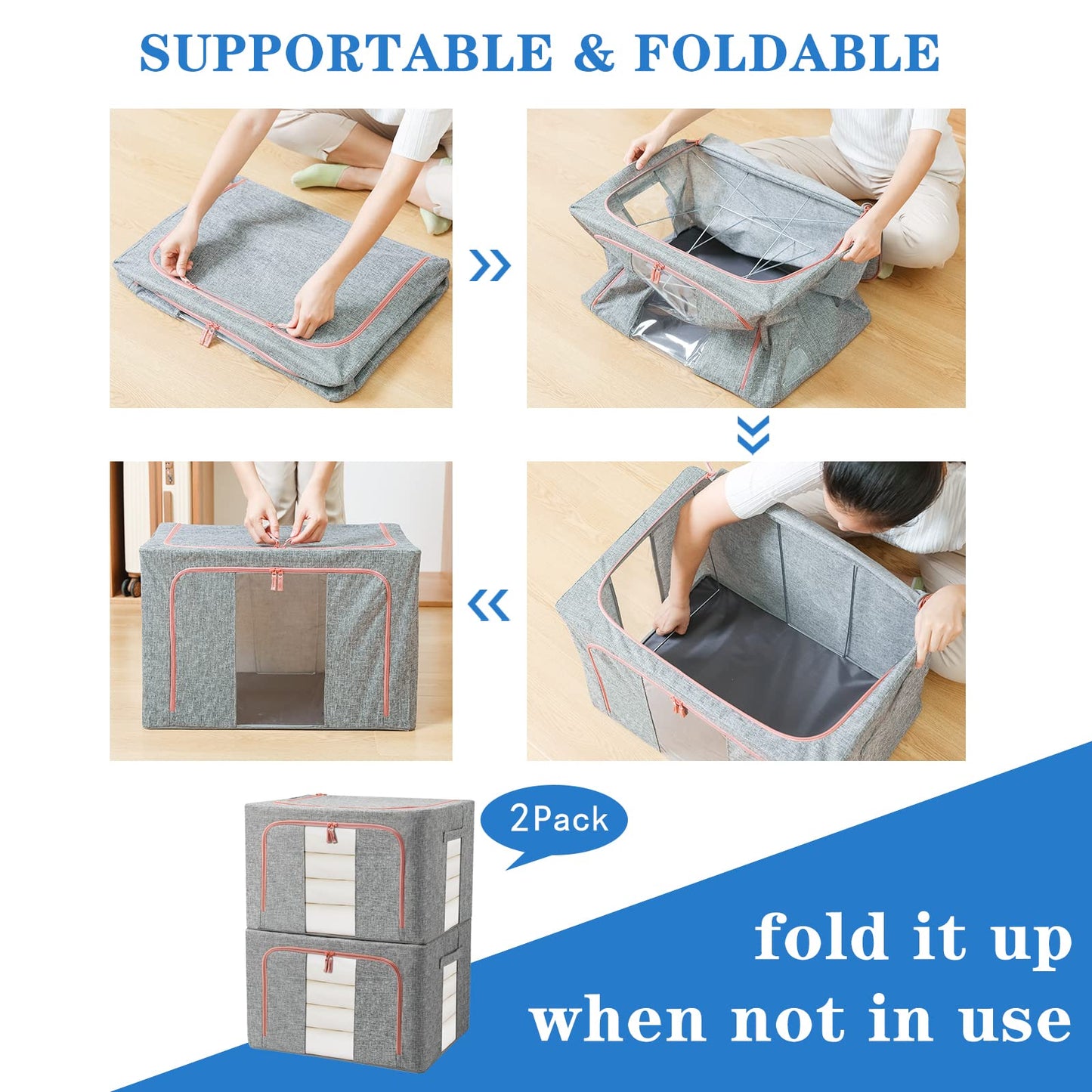 FUSACONY Closet Organizers and Storage, Foldable Oxford Cloth Steel Frame Box,2 Pack,Clear Window & Carry Handles, Waterproof