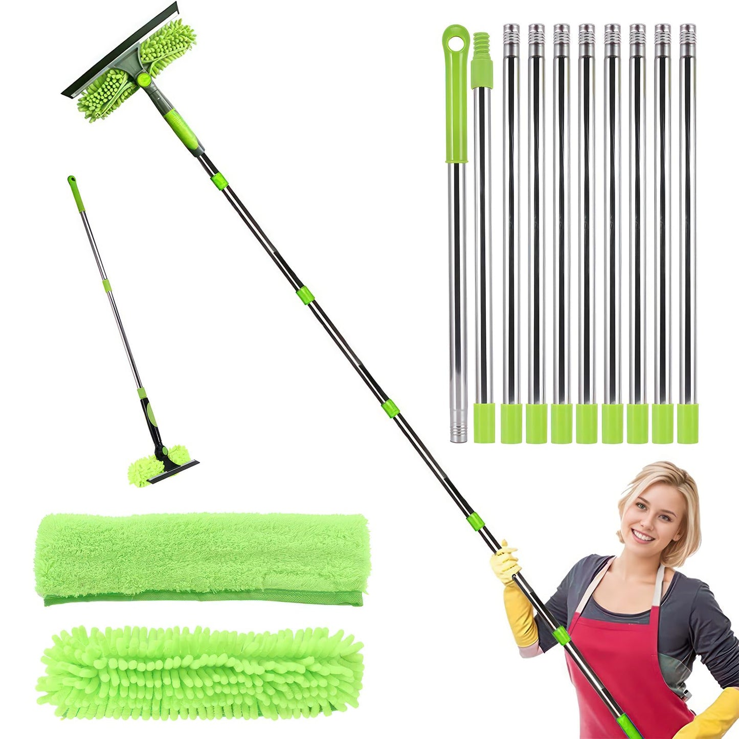 4.25M Window Cleaning Kit with Long Handle, 2-in-1 Extendable Window Cleaning Equipment with Squeegee and Microfiber Cloth for High Windows, Walls &