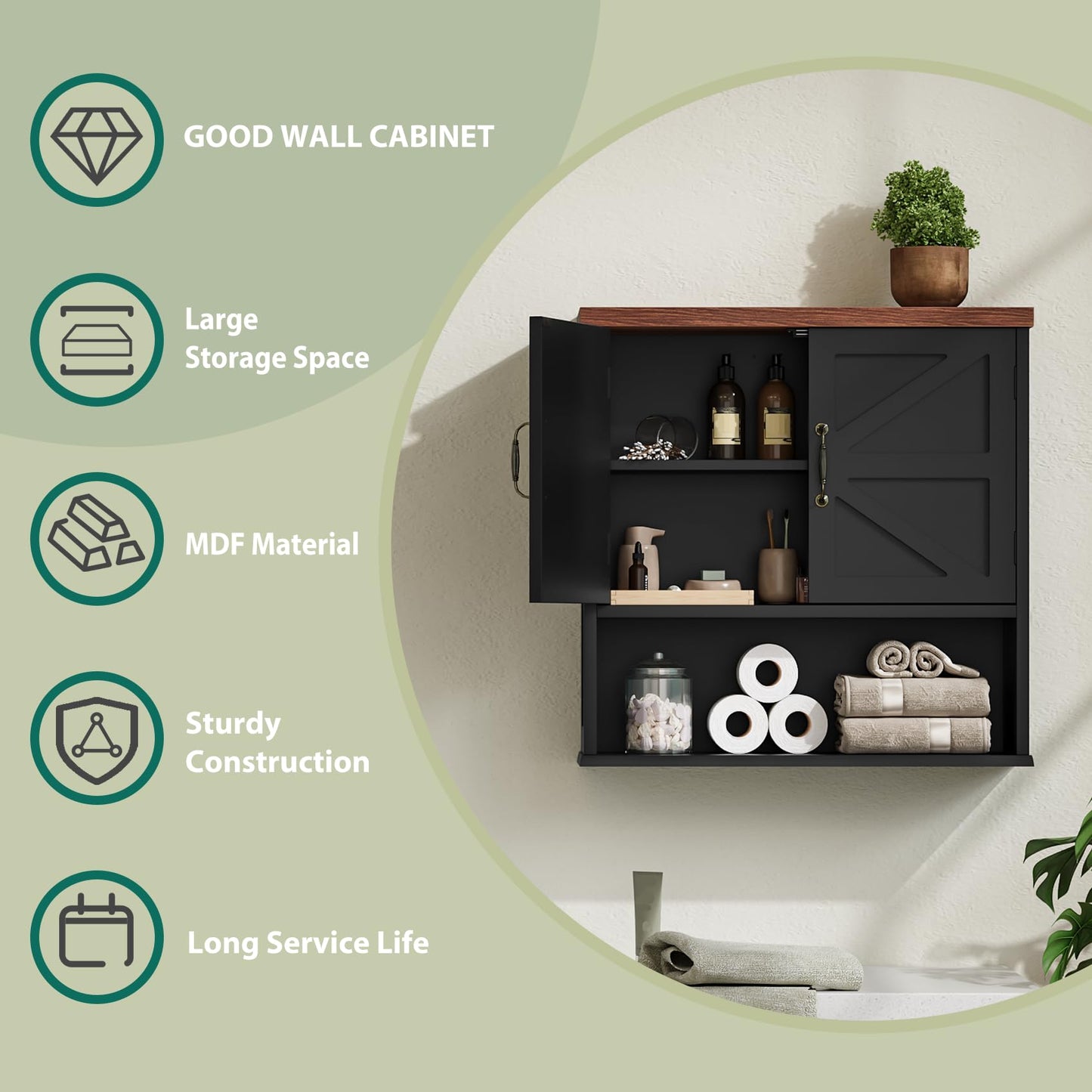 Smuxee Farmhouse Bathroom Cabinet Wall Mounted, Black Medicine Cabinet with Adjustable Shelf, Bathroom Cabinet for Living Room, Laundry Room