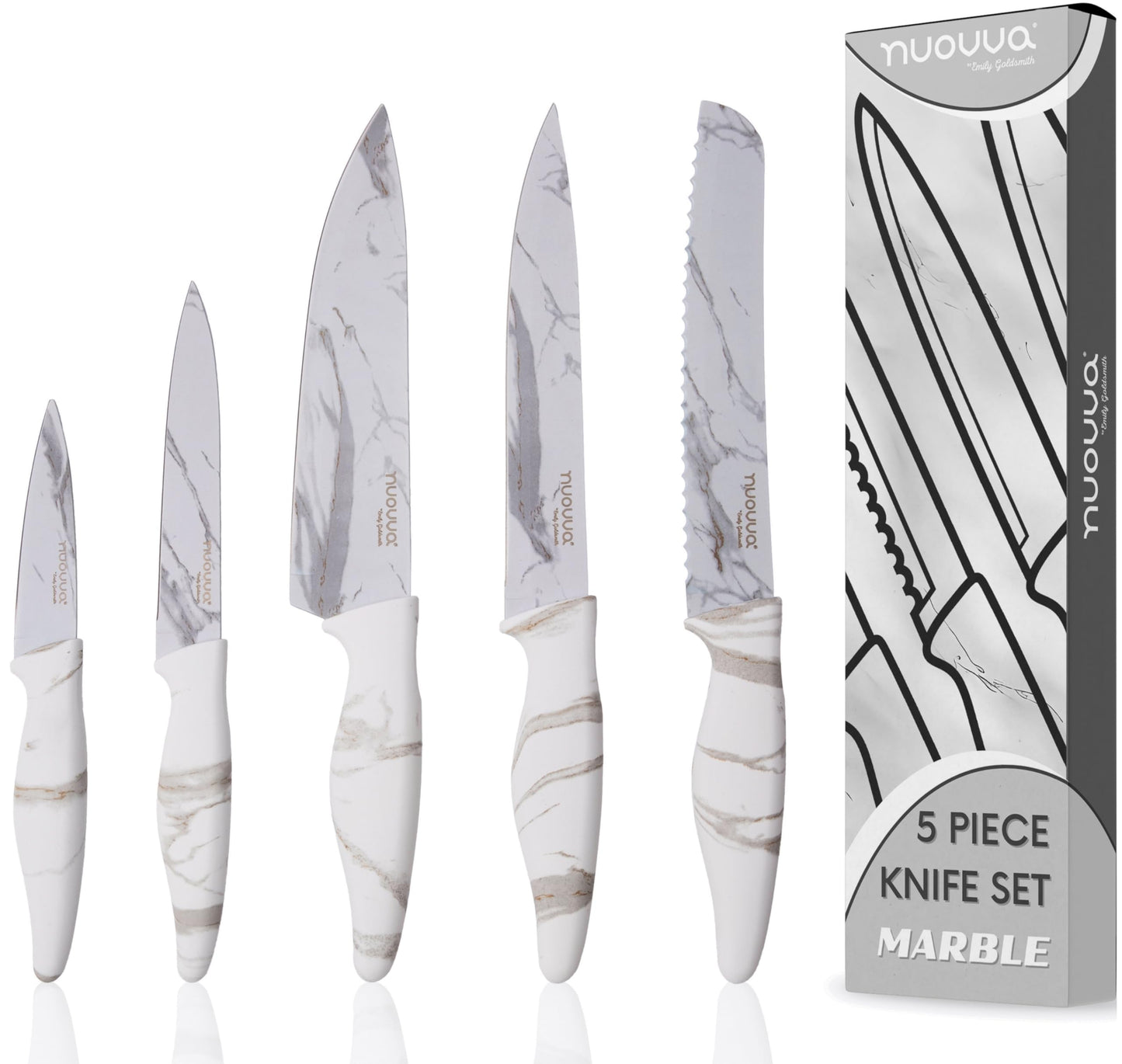 nuovva Professional Kitchen Knife Set ? 5pcs Calacatta Kitchen Knives ? Stainless Steel Granite Non Stick Blades ? Chefs, Filleting, Bread, Paring and