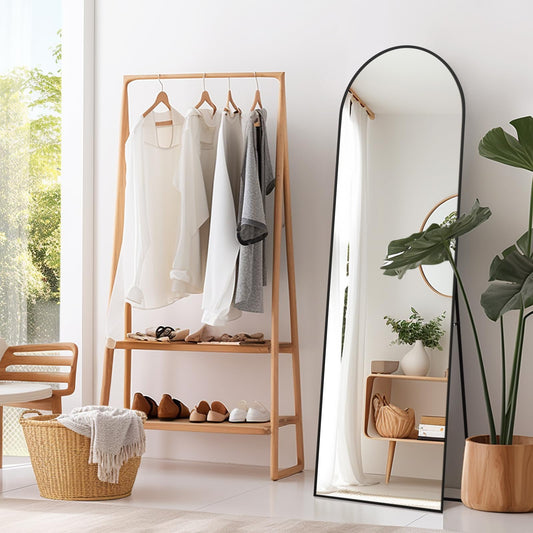 Melodieux Arch Full Length Mirror 147 x 44 cm Large Freestanding Black Aluminium Frame Dressing Wall Mounted Mirror for Living Room Bedroom