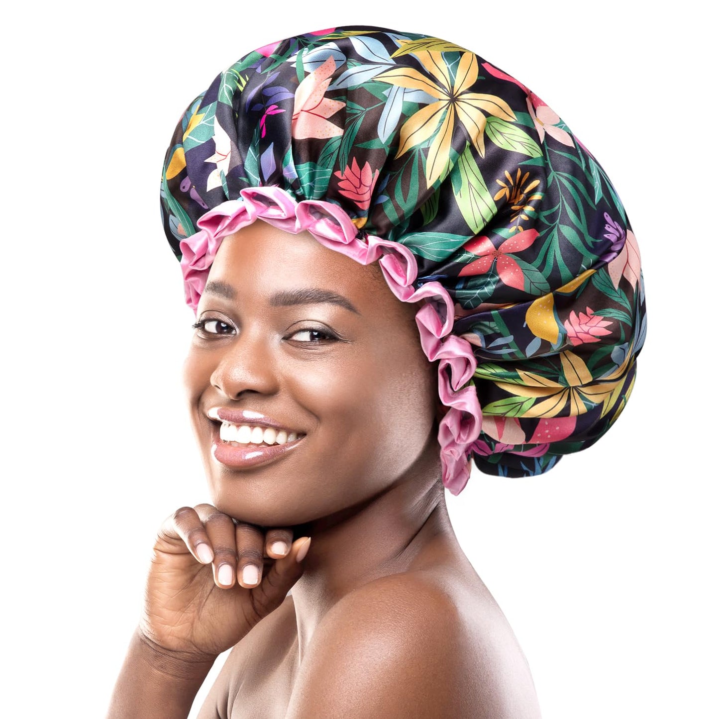 mikimini Large Shower Cap for Women and Girls, Vibrant Rainforest Print Bath Cap with Pink Ruffle, Reusable Waterproof Double-Layered for Long Thick