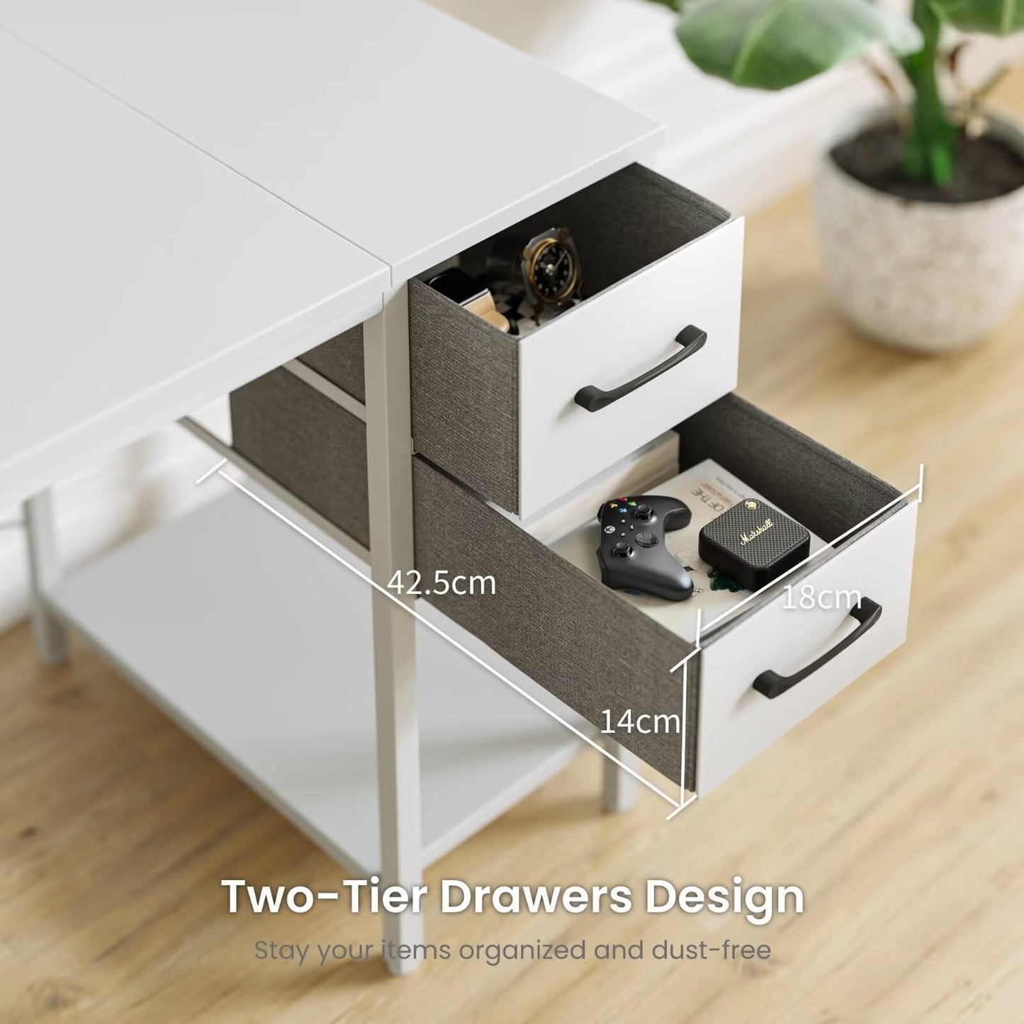 DOMSHOCT Computer Desk with Drawers & Power Outlets, 120*50cm Home Office Desk with Monitor Stand, Gaming Table with Reversible Storage Shelf & Hook