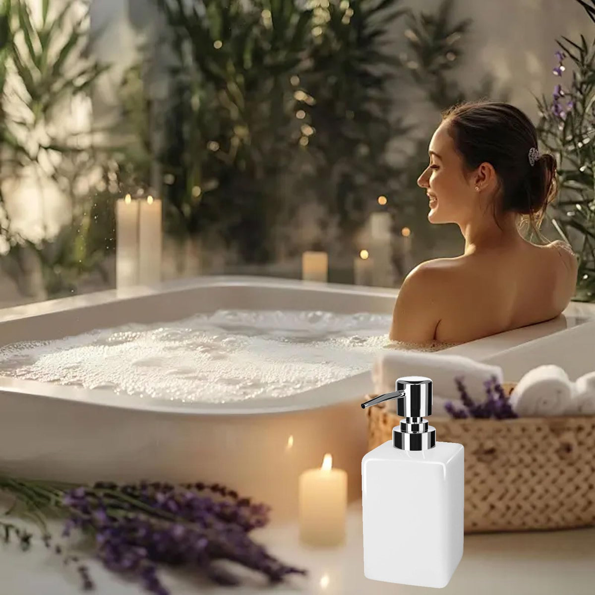 White Ceramic Soap Dispenser, 300ml Square Bathroom Soap Dispenser, Refillable Kitchen Bathroom Liquid Soap Dispenser for Hand Wash