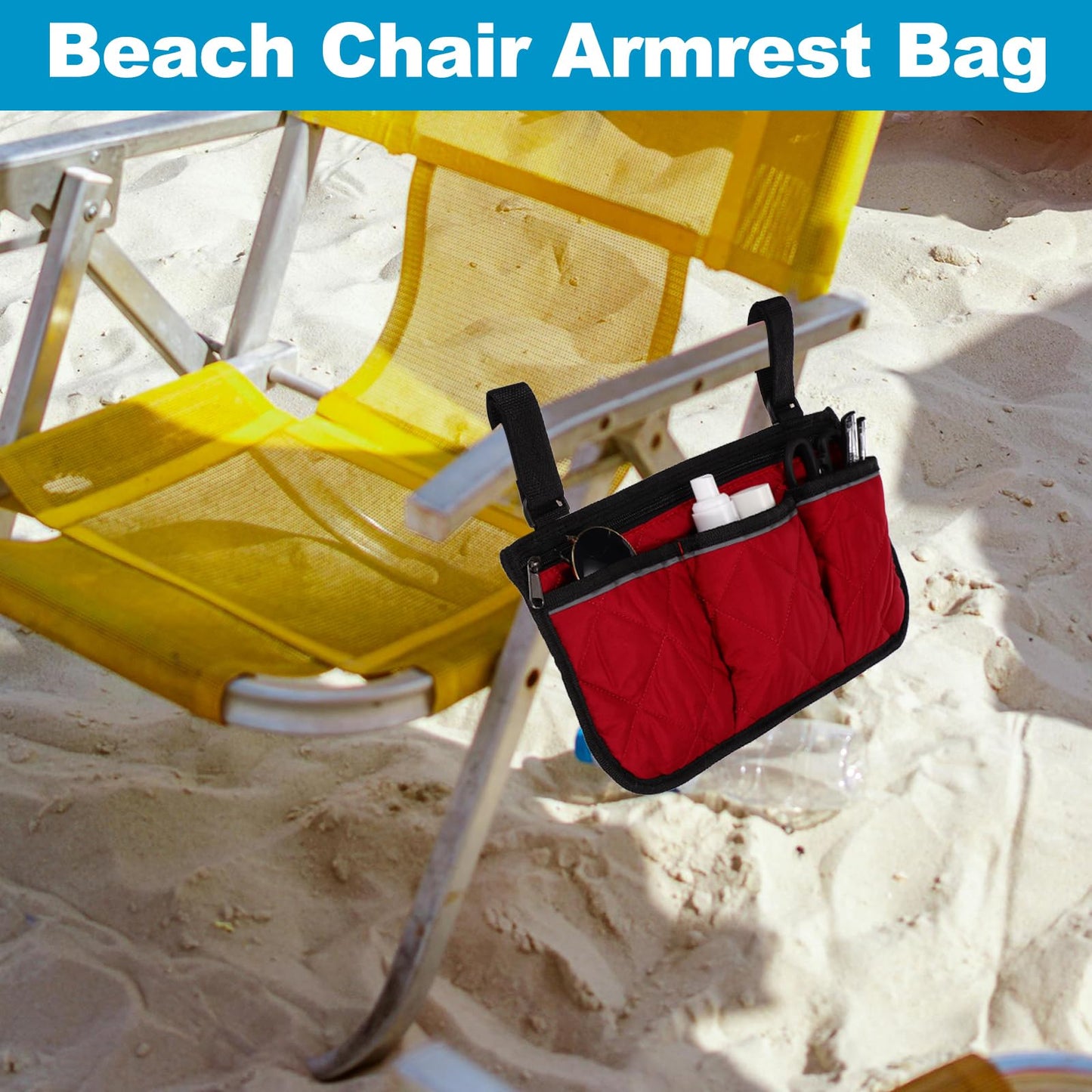 YELARXI Beach Chair Armrest Bag, Beach Side Bag Hanging Storage Organizer with Reflective 4 Pockets Waterproof Pouch 13 x 7" & 2Pcs & Gray - Fit for