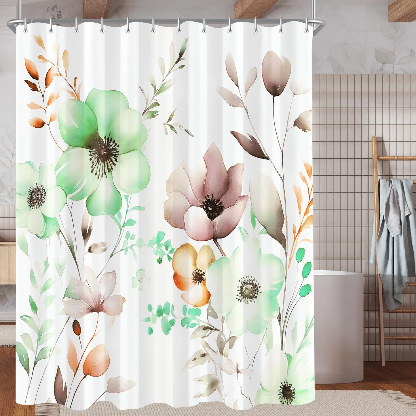 Lerores Shower Curtain 180 x 170 cm, Flowers Drawing, Anti-Mould Textile, Weighted Hem, Water-Repellent, Washable Polyester Bath Curtains with 12