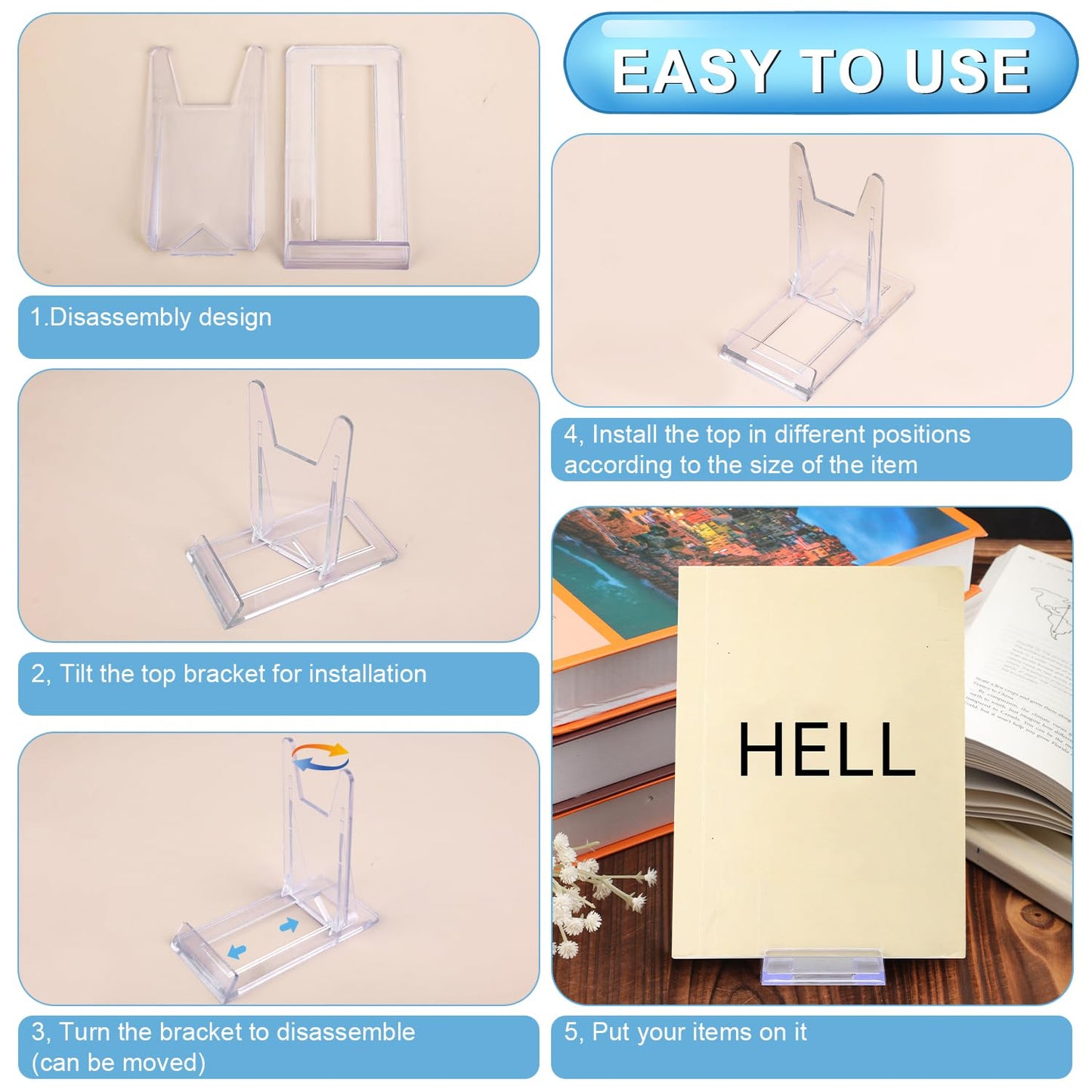Gosknor 6pcs Acrylic Book Stand for Display, Clear Plastic Book Holder Collector Display Stand Book Easel Photo Stand for Home Office Comic Book