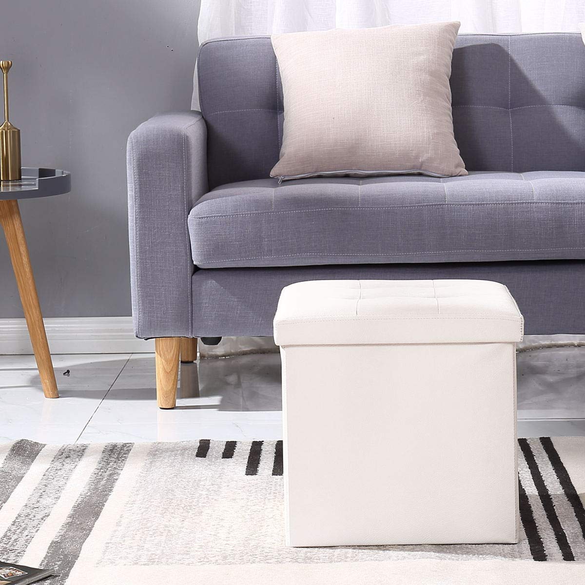 BRIAN & DANY Folding Ottoman Storage Box with Lid, Faux Leather Footstool Toy Storage Box Storage Seat 38 x 38 x 38 cm (White)