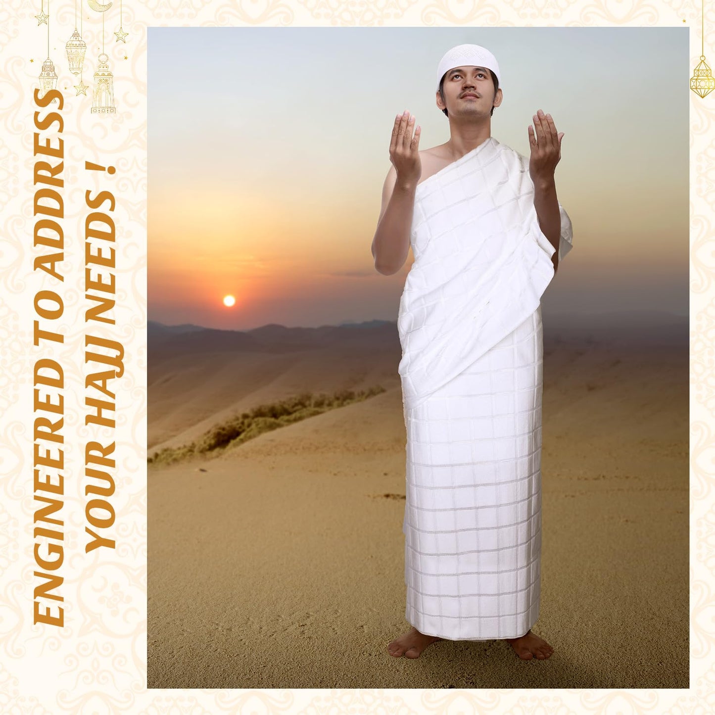 Namalu Islamic Men's Ihram Set Includes 1 Set of 2 Pcs Seamless Hajj Towel 110 x 210cm Ahram 1 Ihram Belt Waist Packs 1 Kufi hat 1 Tawaf Prayer Beads