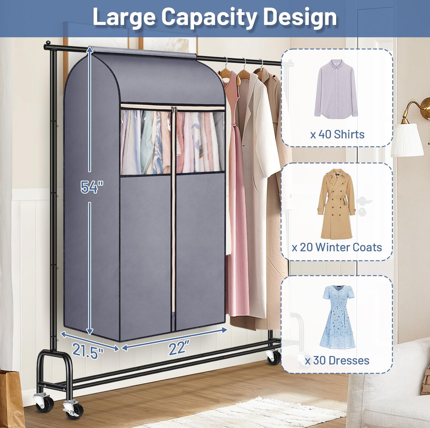 SLEEPING LAMB 2 Pack 54" Hanging Clothes Bags for Storage Long Dresses Fully Sealed for Clothes Jackets Coats Suits with Clear PVC Window