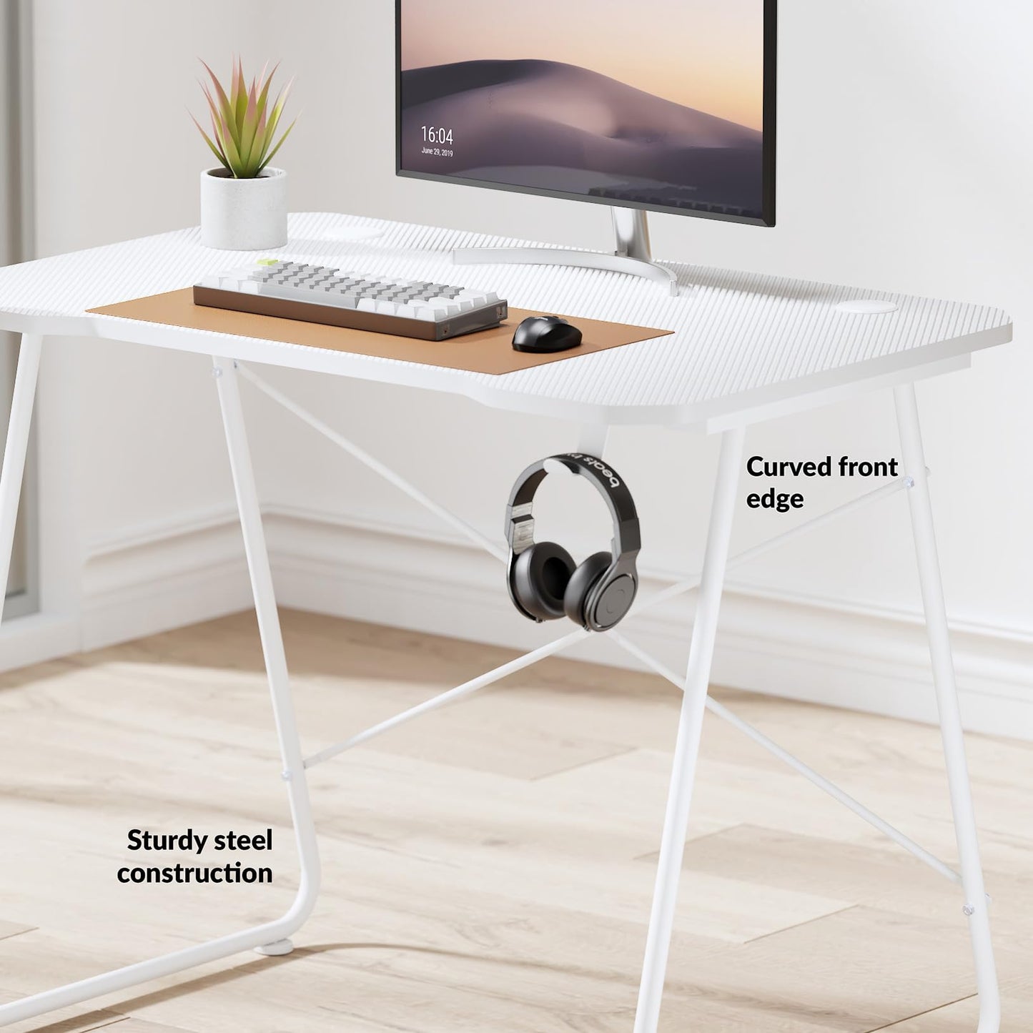 Properav Computer Study Desk White for Home Office PC Monitor Laptop Gaming with Headphone Hook & Cup Holder