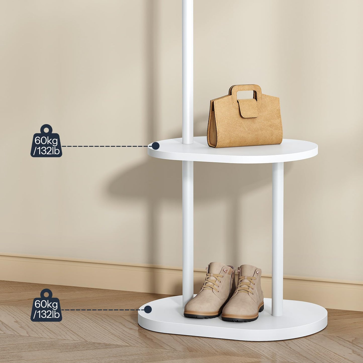 HOOBRO Coat Stand, Freestanding Coat Rack with 2 Shelves and 4 Hooks, Coat Stands for Hallway, Hall Tree Clothes Rail with Thickened Base