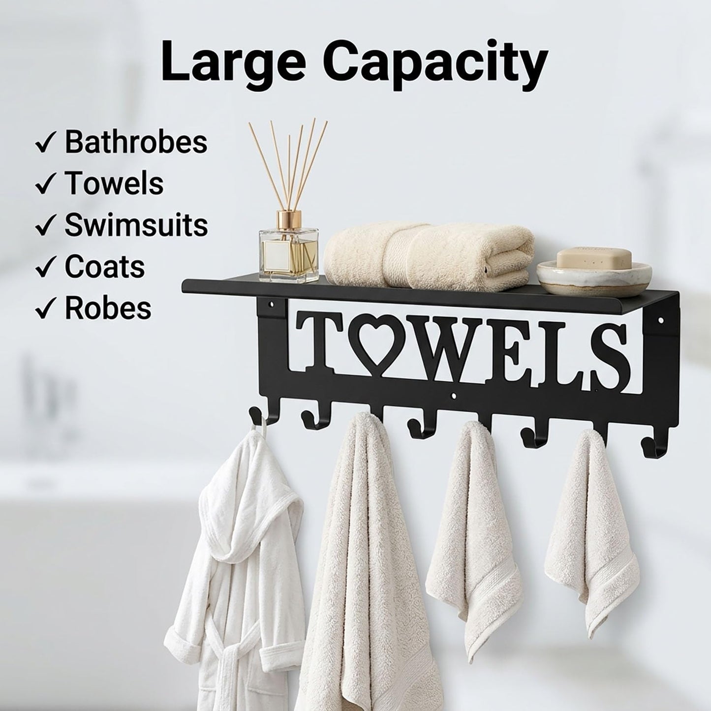 Raoletin Metal Hot Tub Towel Rack Wall Mounted Towel Holder with Shelf and 8 Towels Hooks for Bathrooms
